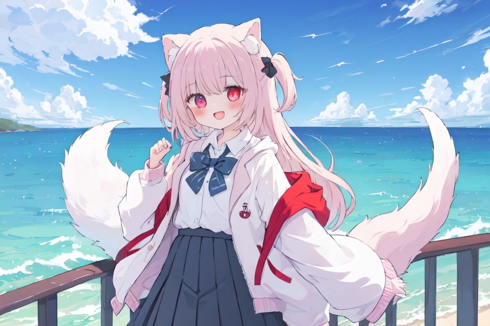 heterochromia, cloud, 1girl, animal_ears, sky, day, outdoors, bow, skirt, blue_sky, horizon, solo, jacket, blue_eyes, pleated_skirt, white_shirt, smile, open_mouth, cloudy_sky, tail, long_hair, black_skirt, ocean, shirt, open_clothes, very_long_hair, long_sleeves, open_jacket, red_eyes, blush, water, hood_down, collared_shirt, sleeves_past_wrists <lora:kawaii-000010:1>