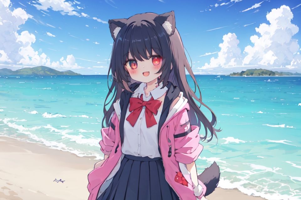 heterochromia, cloud, 1girl, animal_ears, sky, day, outdoors, bow, skirt, blue_sky, horizon, solo, jacket, blue_eyes, pleated_skirt, white_shirt, smile, open_mouth, cloudy_sky, tail, long_hair, black_skirt, ocean, shirt, open_clothes, very_long_hair, long_sleeves, open_jacket, red_eyes, blush, water, hood_down, collared_shirt,arms behind back <lora:kawaii-000010:1>