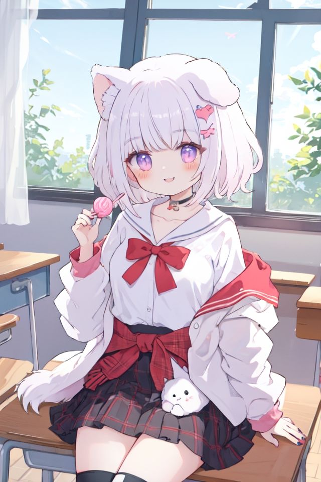 star_\(symbol\), star_hair_ornament, plaid, dog_tail, plaid_skirt, animal_ears, nail_polish, dog_ears, food, lollipop, clothes_around_waist, skirt, tail, 1girl, school_desk, candy, desk, hair_ornament, sitting, dog_girl, classroom, holding_candy, on_desk, holding_lollipop, sitting_on_desk, pink_nails, shirt, solo, holding, smile, red_nails, holding_food, indoors, purple_nails, eyebrows_visible_through_hair, bow, collarbone, window, white_shirt, white_hair, kneehighs, bangs, pleated_skirt <lora:kawaii-000010:1>