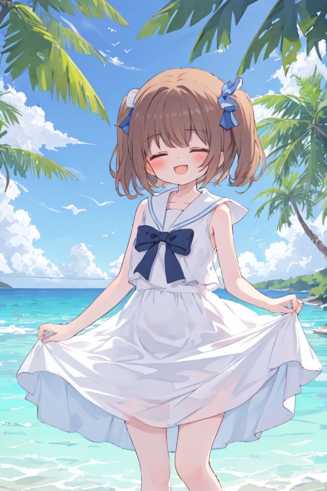 skirt_hold, cloud, day, sky, water, dress, blue_sky, outdoors, 1girl, cloudy_sky, wading, solo, tree, smile, two_side_up, lifted_by_self, closed_eyes, sailor_collar, horizon, sleeveless, bangs, long_hair, clothes_lift, bow, curtsey, barefoot, open_mouth, blush, skirt_basket, ocean, white_sailor_collar, facing_viewer, sailor_dress, :d, white_dress, sleeveless_dress, dress_lift, bare_shoulders, brown_hair, eyebrows_visible_through_hair <lora:kawaii-000010:1>