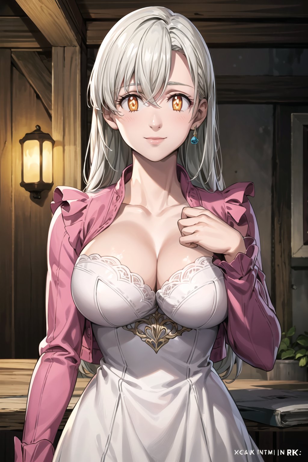 ((best quality)), ((highly detailed)), masterpiece, ((official art)), elizabeth, long hair, white hair, long hair, single earring, seductive smile, indoors, scenery, large breasts,long sleeves, pink jacket, cleavage, white dress, +_+, symbol-shaped pupils, intricately detailed, hyperdetailed, blurry background, depth of field, best quality, masterpiece, intricate details, tonemapping, sharp focus, hyper detailed, trending on Artstation, 1 girl, high res, official art 