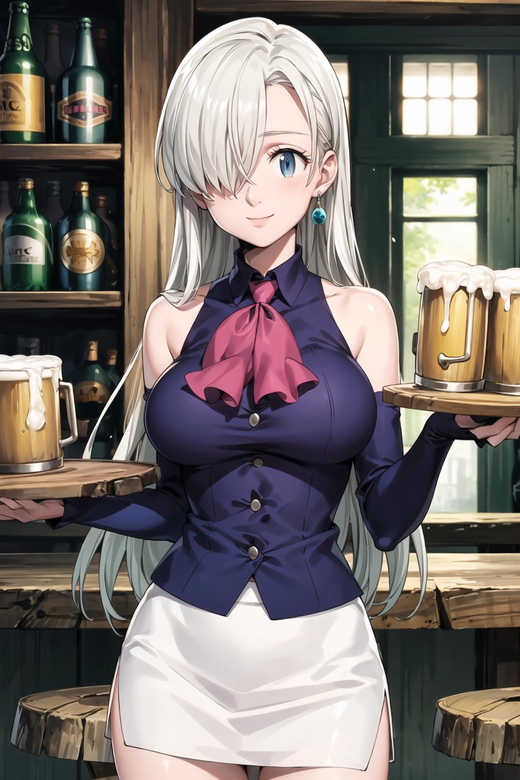 ((best quality)), ((highly detailed)), masterpiece, ((official art)), elizabeth, long hair, blue eyes, white hair, hair over one eye, long hair, single earring, seductive smile, bar, indoors, holding tray, beer, beer mug, table, chair, large breasts, blue shirt, white skirt, pencil skirt, detached sleeves, bare shoulders, ascot, single thighhigh, asymmetrical legwear, uneven legwear, asymmetrical sleeves, intricately detailed, hyperdetailed, blurry background, depth of field, best quality, masterpiece, intricate details, tonemapping, sharp focus, hyper detailed, trending on Artstation, 1 girl, high res, official art