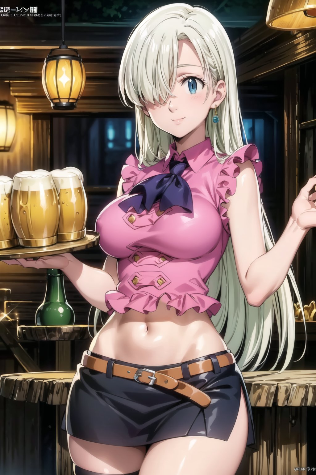 ((best quality)), ((highly detailed)), masterpiece, ((official art)), elizabeth, long hair, blue eyes, white hair, hair over one eye, long hair, single earring, seductive smile, bar, indoors holding tray, beer, beer mug, table, chair, large breasts, pink shirt, navel, belt, (black skirt), miniskirt, (single thighhigh), intricately detailed, hyperdetailed, blurry background, depth of field, best quality, masterpiece, intricate details, tonemapping, sharp focus, hyper detailed, trending on Artstation, 1 girl, high res, official art 