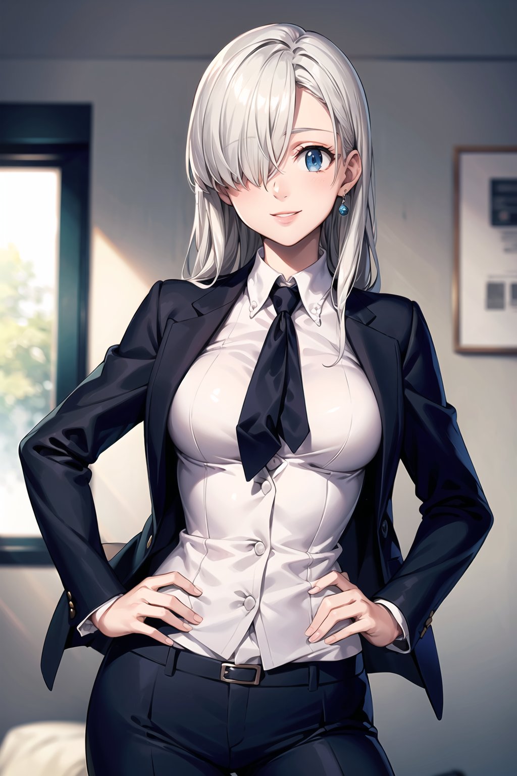 (best quality), (highly detailed), masterpiece, (official art),  elizabeth, long hair, blue eyes, white hair, hair over one eye, long hair, single earring, lips, smile, necktie,pose, hand on hip, black jacket,(black suit), open suit,  open jacket,long sleeves, shirt tucked in,looking at viewer, shirt, black necktie, white shirt, medium breasts,window, formal, office lady,pants, black pants, business suit, suit,  (intricately detailed, hyperdetailed), blurry background,depth of field, best quality, masterpiece, intricate details, tonemapping, sharp focus, hyper detailed, trending on Artstation,1 girl, solo,high res,official art,elizabeth