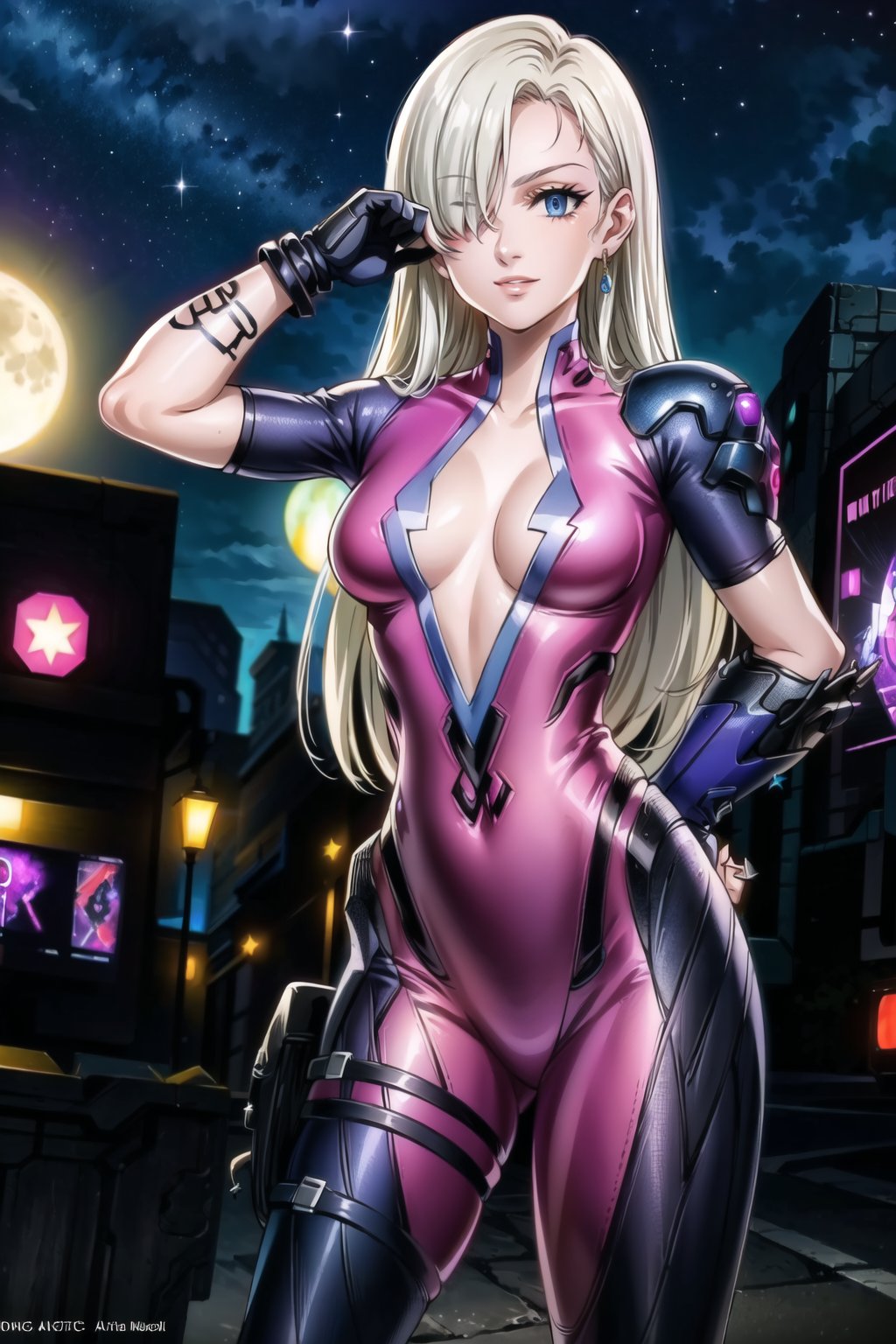 ((best quality)), ((highly detailed)), masterpiece, ((official art)), elizabeth, long hair, blue eyes, white hair, hair over one eye, single earring,  (lips), evil smile, hand on hip,cowboy shot, (widowsuit:1.2), black gloves, medium breasts, tattoo, (arm tattoo:1.2) ,(pose:1.3), best quality, masterpiece, intricate details, scenary, outdoors, street, nigth, moon, (cyberpunk:1.2), star_(sky), spacecraft,trending on Artstation,  ,widowsuit,arm tattoo