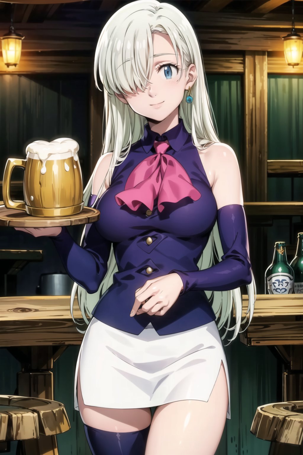 ((best quality)), ((highly detailed)), masterpiece, ((official art)), elizabeth, long hair, blue eyes, white hair, hair over one eye, long hair, single earring, seductive smile, bar, indoors, holding tray, beer, beer mug, table, chair, large breasts, blue shirt, white skirt, pencil skirt, detached sleeves, bare shoulders, ascot, single thighhigh, asymmetrical legwear, uneven legwear, asymmetrical sleeves, intricately detailed, hyperdetailed, blurry background, depth of field, best quality, masterpiece, intricate details, tonemapping, sharp focus, hyper detailed, trending on Artstation, 1 girl, high res, official art