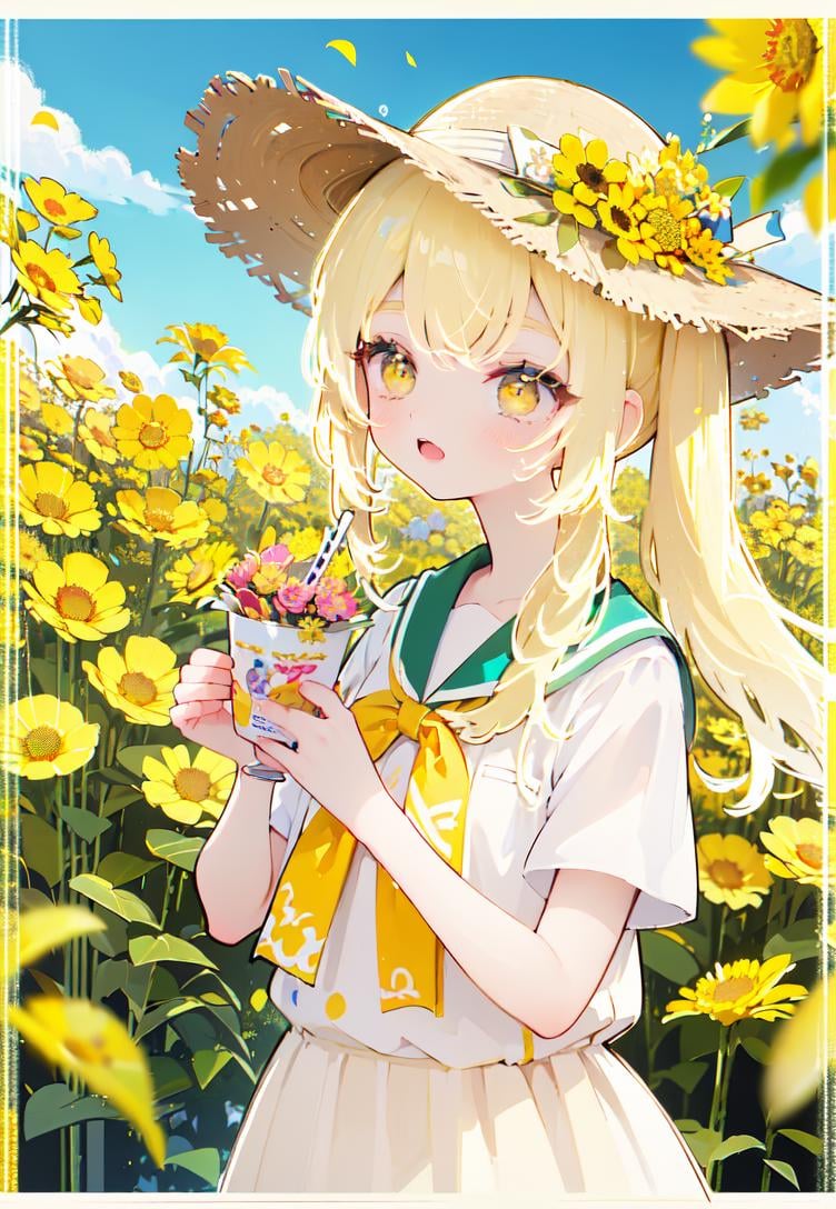 flower in mouth,,yellow eyes,laughing,blonde hair,low braided twintail,white skirt yellow hemline,yellow bow on the chest,wearing a straw hat on the side,one hand raises up to sky,dynamic angles,sunshine,day,(yellow flowers:1.35),(Ochna:1.25),(upper body:1.45),(A splash of colored paint1.15),Movie poster, <lora:luminous_hair_blonde触发词blonde hair:1>