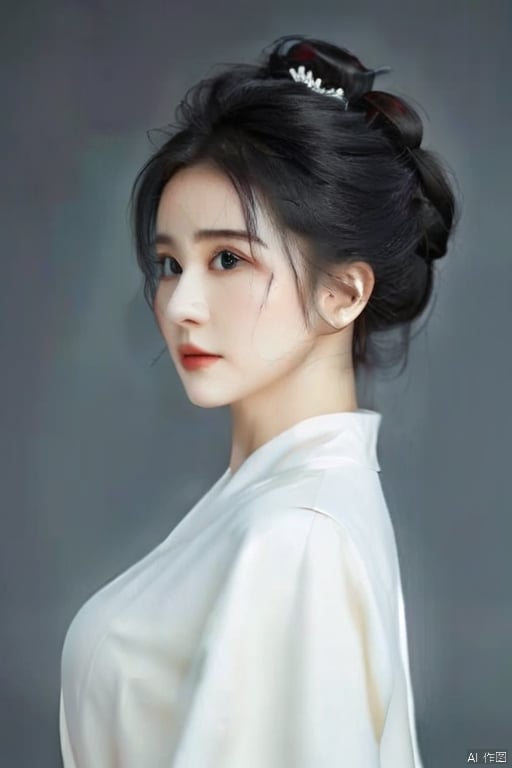  solo, highly detailed, cinematic highlight hair, (best quality), ((masterpiece)),1girl, black hair,updo, black eyes, realistic,big_breast, simple_background,