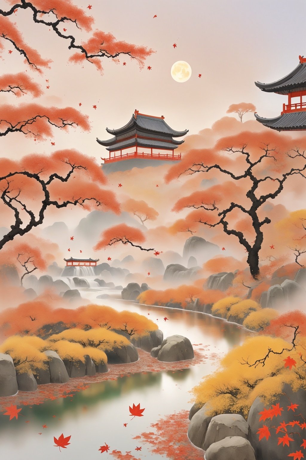 A ultra-realistic CG rendering of Ancient China,There is a stream, jiangnan ancient buildings on besides of the stream,in the evening,Red leaf maple tree, a moon in the sky,tianyuan