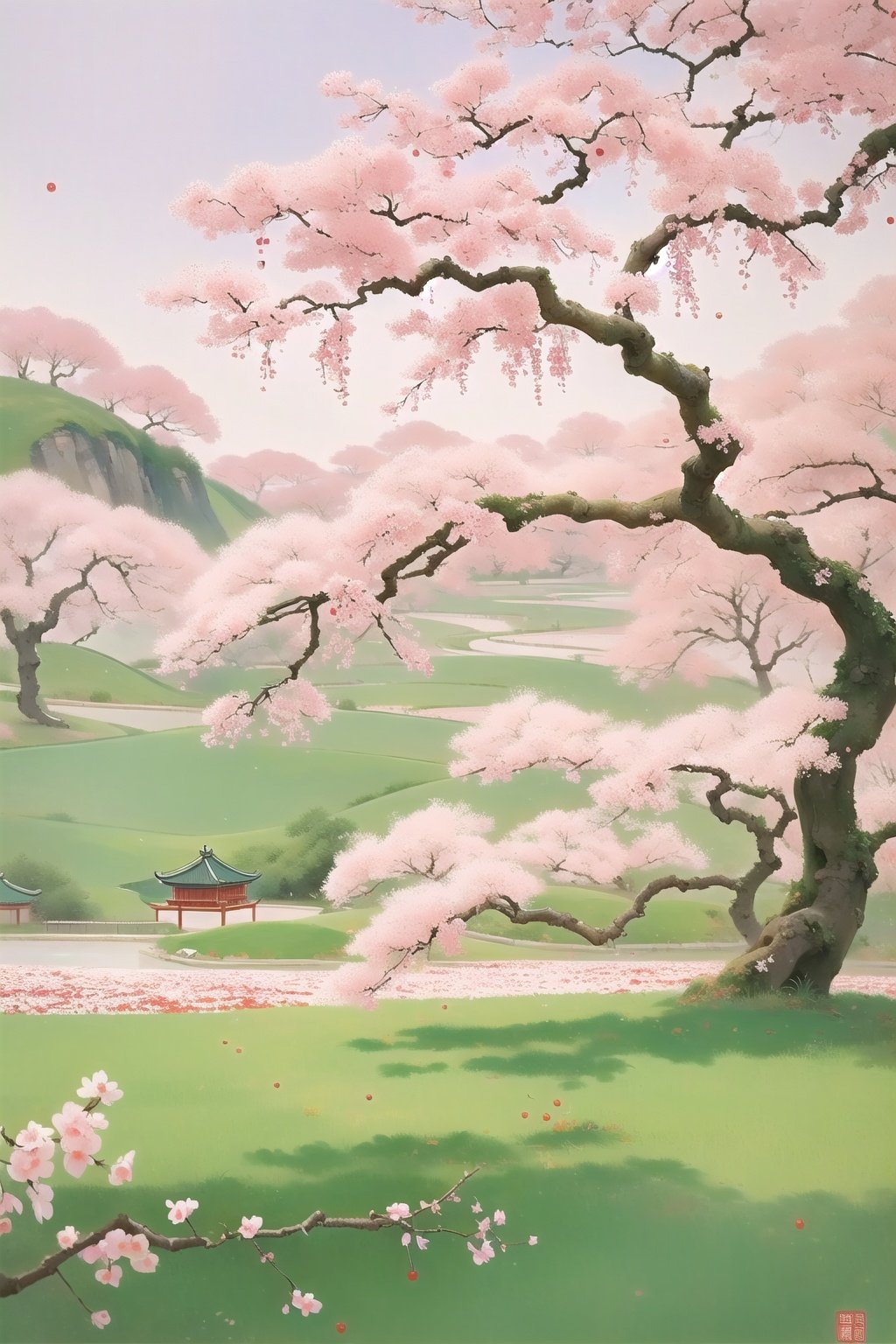 Cherry tree,view,Chinese style,Tang Dynasty,best quality, ultra high res, (photorealistic:1.4),masterpiece,depth of field, Oil painting, Japanese scene