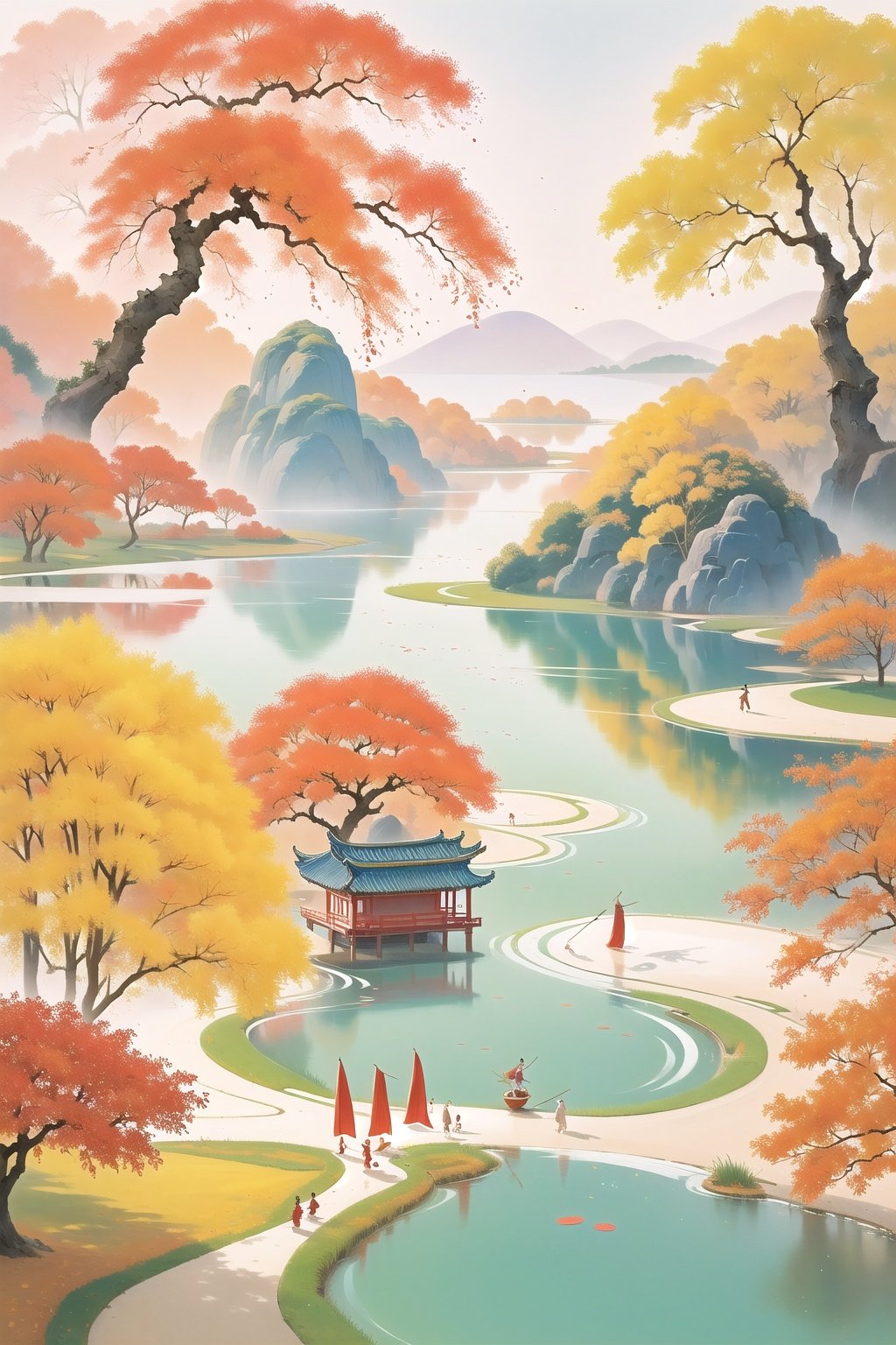 tianyuan,(Oriental fantasy: 1.5) Ancient style, mist-shrouded, dreamlike world, fairy spirit fluttering (hyper-realistic thick brushstrokes: 1.5) (complex details) Beside a pond on the top of a mountain, the autumn breeze blows gently, and the lake surface rises ripple. There is a beautiful fairy sword floating on the water in the center of the pond, and the sword body is crystal clear. The practitioner stands by the pond, holding a fairy sword, practicing sword skills. Every swing of the sword causes ripples in the lake, as if it is a dialogue with nature.