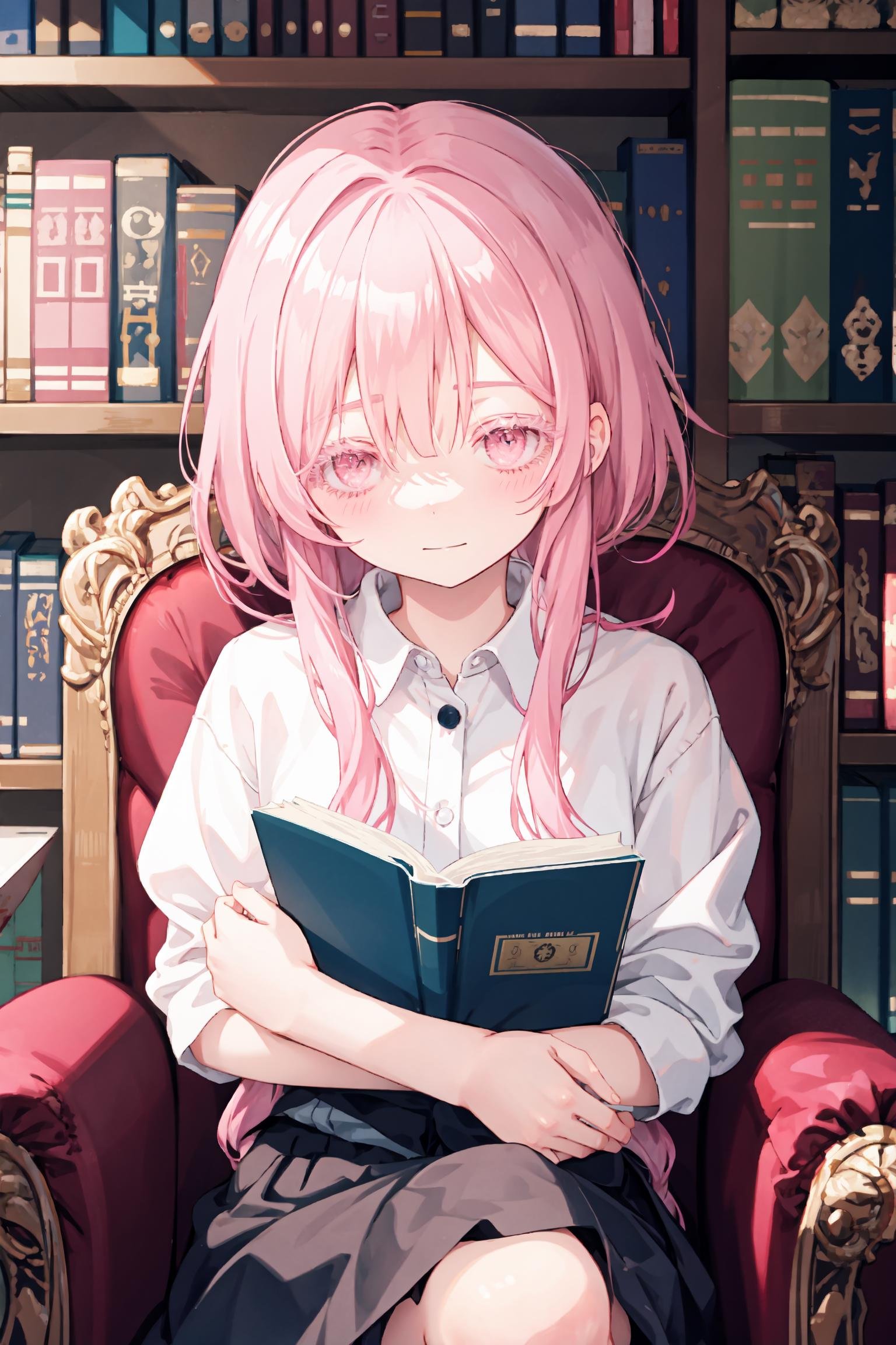 upper body, 1girl, pink hair, (colored eyelashes, pink eyelashes:1.2), sleepy, faint smile, (smile:0.8), closed mouth, head down, sitting on armchair, looking at viewer, hand on own knee, book on knee,   eyes, indoor, bookshelf,  <lora:colored_eyelashes000:1>,  