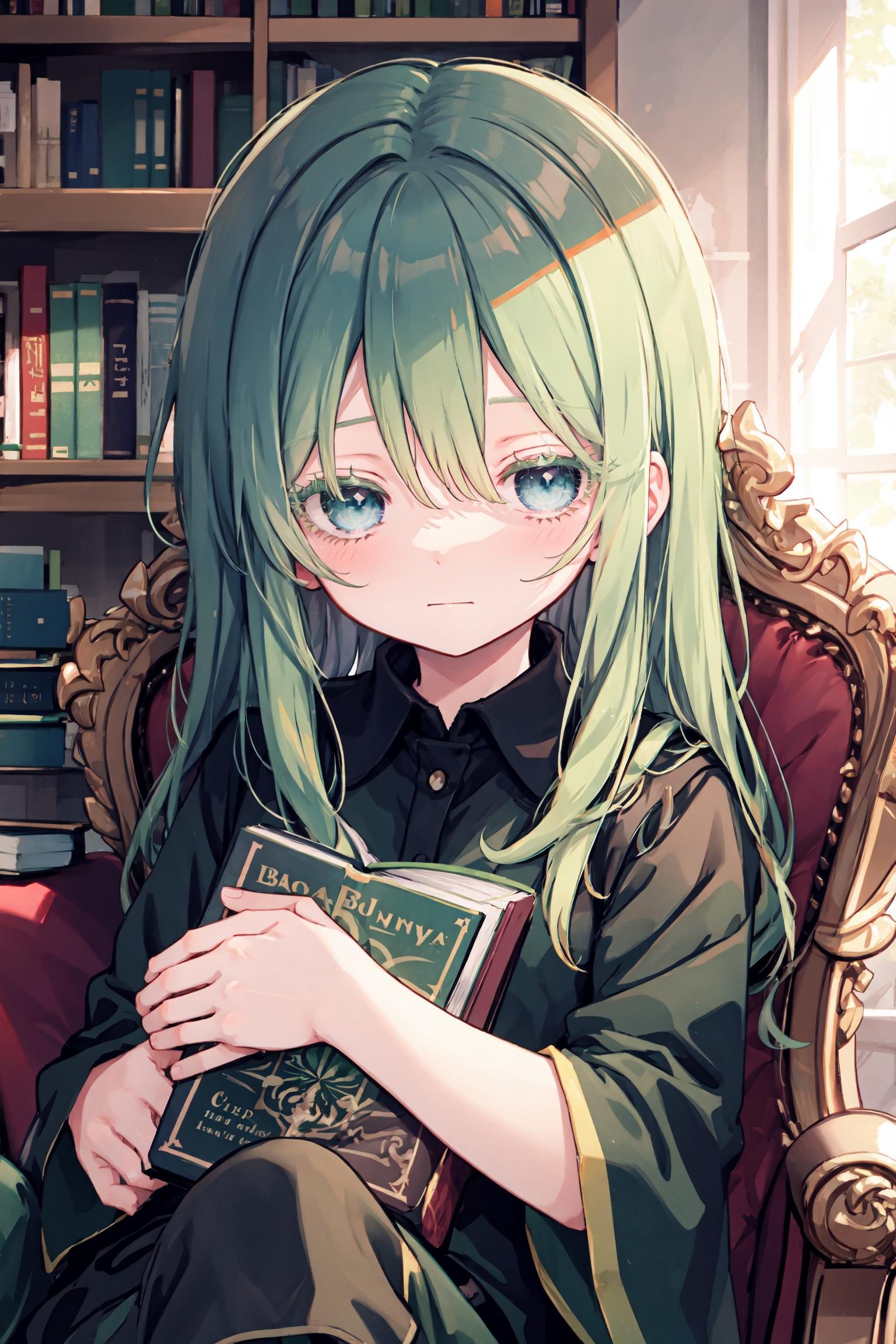 upper body, 1girl, green hair, (colored eyelashes, green eyelashes:1.2), sleepy, faint smile, (smile:0.8), closed mouth, head down, sitting on armchair, looking at viewer, hand on own knee, book on knee, blue  eyes, indoor, bookshelf,  <lora:colored_eyelashes000:1>,  