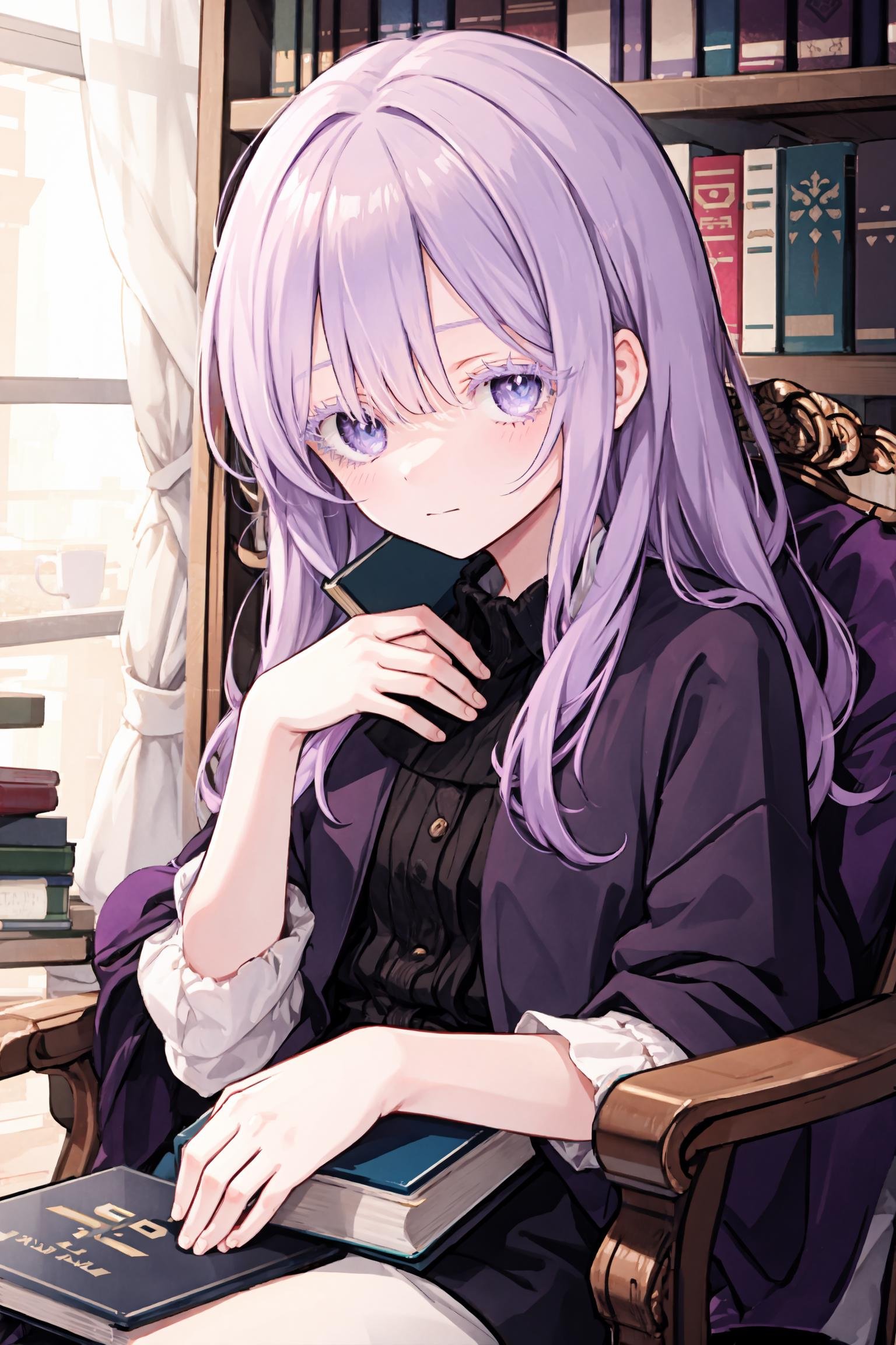 upper body, 1girl, purple hair, (colored eyelashes, purple eyelashes:1.2), sleepy, faint smile, (smile:0.8), closed mouth, head down, sitting on armchair, looking at viewer, hand on own knee, book on knee, blue  eyes, indoor, bookshelf,  <lora:colored_eyelashes000:1>,  