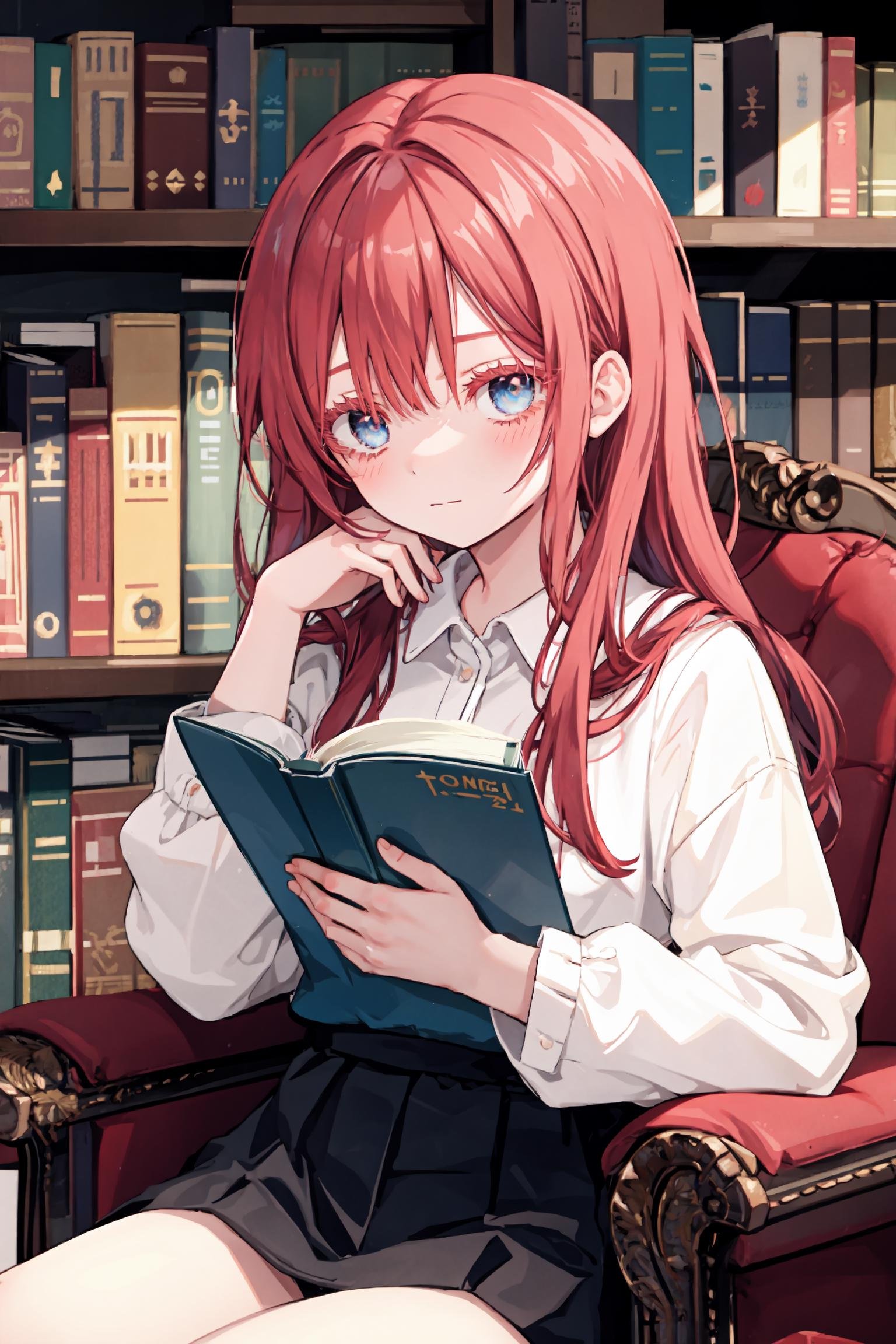 upper body, 1girl, red hair, (colored eyelashes, red eyelashes:1.2), sleepy, faint smile, (smile:0.8), closed mouth, head down, sitting on armchair, looking at viewer, hand on own knee, book on knee, blue  eyes, indoor, bookshelf,  <lora:colored_eyelashes000:1>,  