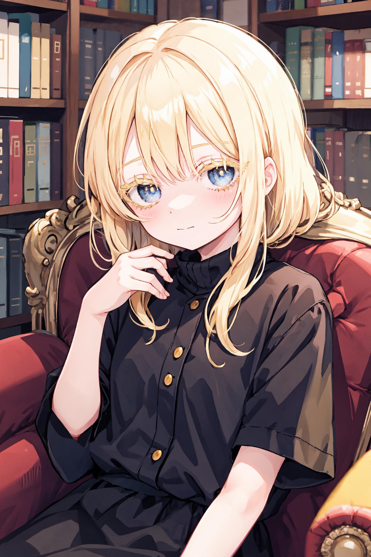 upper body, 1girl, blonde hair, (colored eyelashes, yellow eyelashes:1.2), sleepy, faint smile, (smile:0.8), closed mouth, head down, sitting on armchair, looking at viewer, hand on own knee, book on knee,  blue eyes, indoor, bookshelf,  <lora:colored_eyelashes000:1>,  