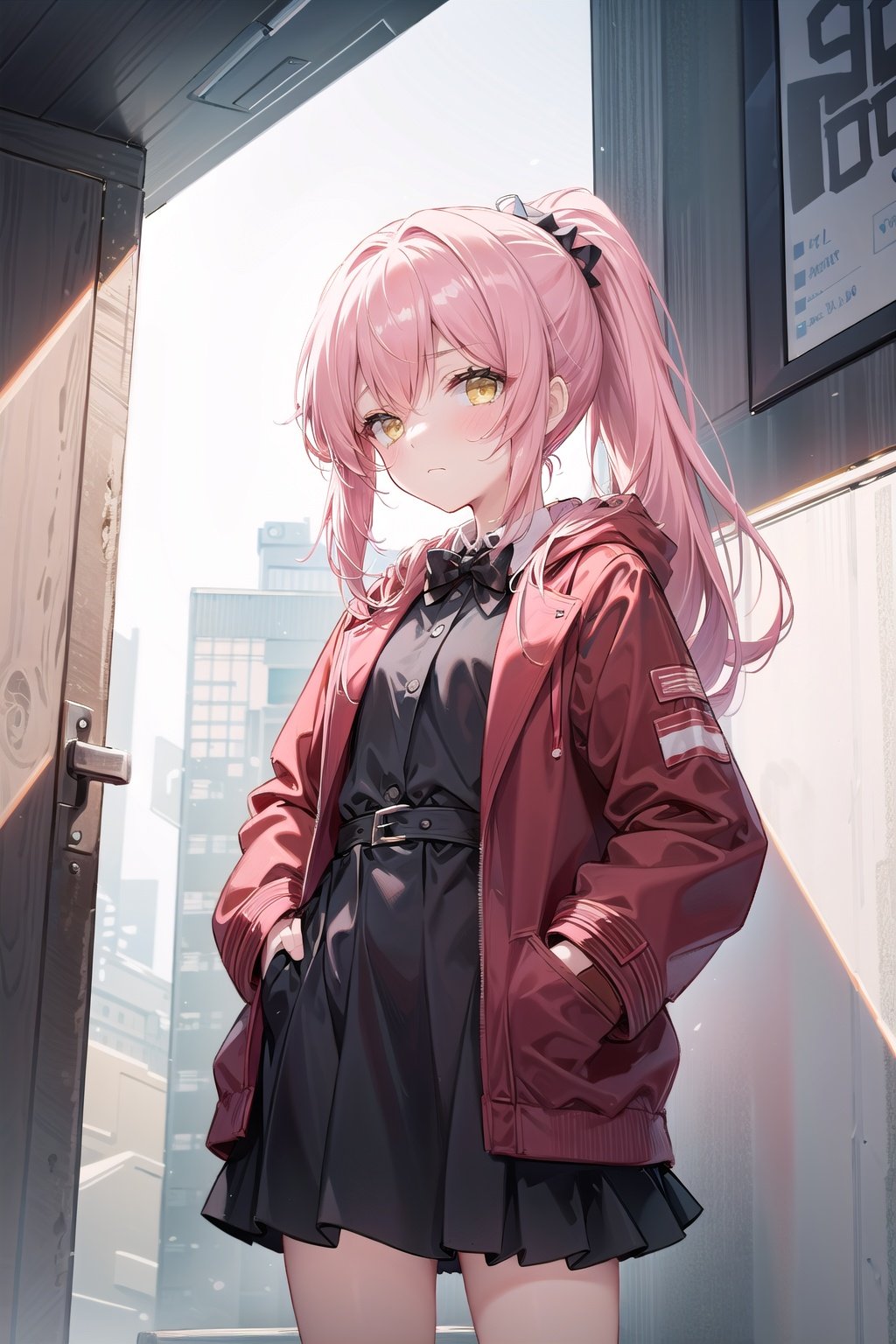  1petite loli,solo.pink hair,yellow eyes,hair flower,fipped hair,(red Jacket),high ponytail,white collared shirt,black dress,red bowtie;Frown,looking at viewer,hands in pockets,standing.