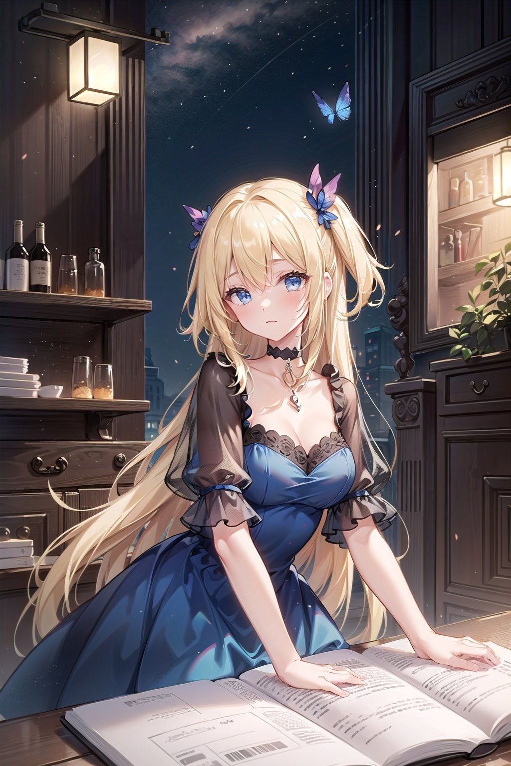  1girl,masterpiece, (8k, best quality, masterpiece:1.2),highly detailed,ultra-detailed,masterclass,best quality,illustration,hair_between_eyes,perfect lighting,blue butterfly hair ornament,blonde hair,long hair,black choker,blue eyes,dark blue dress,