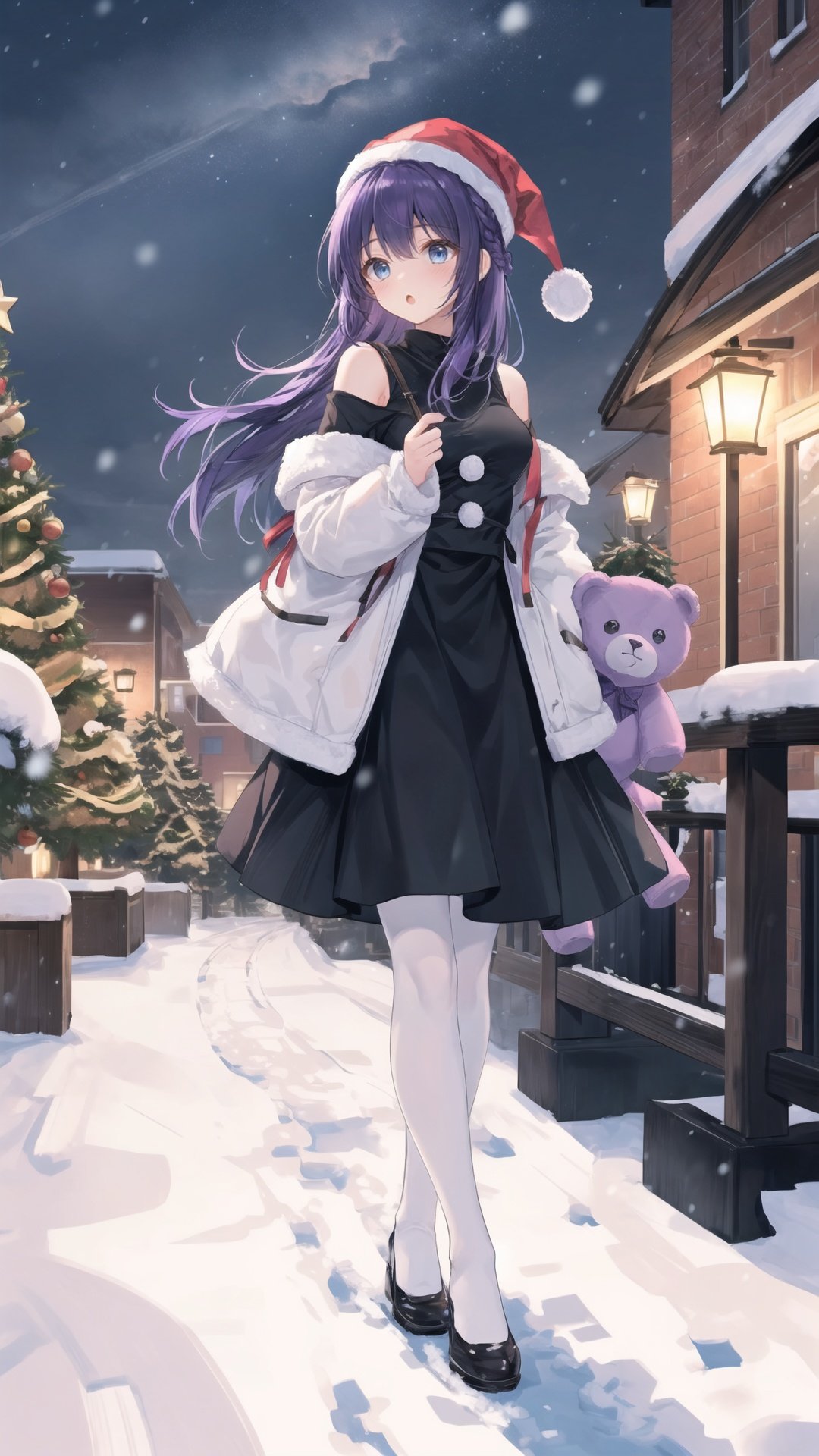 1girl, Christmas custom,bare shoulder,snowing,full body, purple hair, blue eyes, embracing (Teddy Bear),walking on the street,looling to side, christmas tree,night, :o,cute loli,mid shot, wide shot, depth of field,white pantyhose,