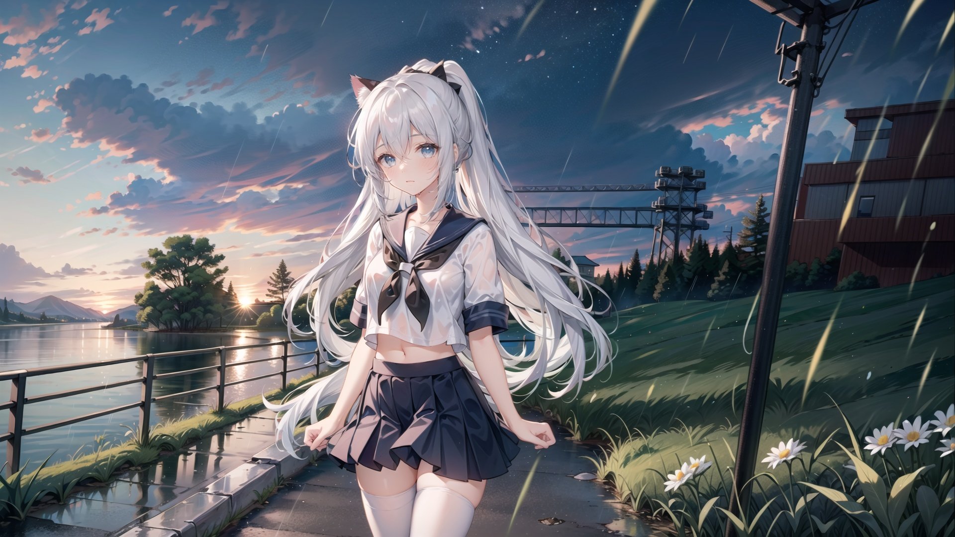  1girl, solo, standing, arms behind back,
cowboy shot,
white hair, high ponytail, long hair, (blue eyes:1.3), cat ears, hair between eyes, (hair bow:1.3),
medium breasts, navel, collarbone,
school uniform, black sailor collar, black pleated skirt, crop top, (white sailor shirt:1.3), short sleeves, (white thighhighs:1.3),
BREAK,
dark dim storm,city far away, (ruins), landscape, scenery, horizon, (Utility pole, highway, dusk, raining, rain, grey sky, cloudy sky), rocks scatter around, fallen buildings, chain-link fence, cence, daisy, warning sign, rusty port, abandoned site, meadow,