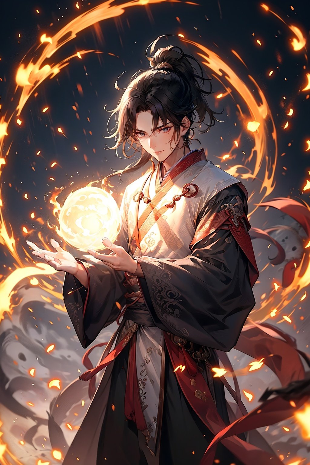 masterpiece,best quality,yiwenrudao\(xiuxian\),Dragon,(normohand:1.7),black hair,boy,fire,long hair,Chinese costume,Male focus,looking at the audience,ponytail,,<lora:yiwenrudao-1-000006:0.6>,