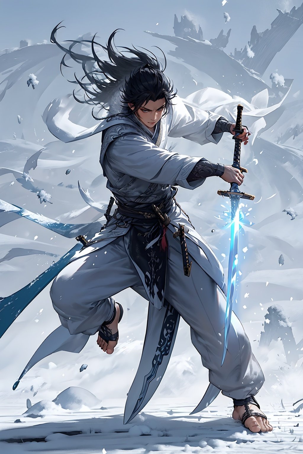 masterpiece,best quality,yiwenrudao\(xiuxian\),Boy,swordsman,( foot on sword:1.7),snow,wind and frost,cold,special effects,sword,<lora:yiwenrudao-1-000006:0.6>,