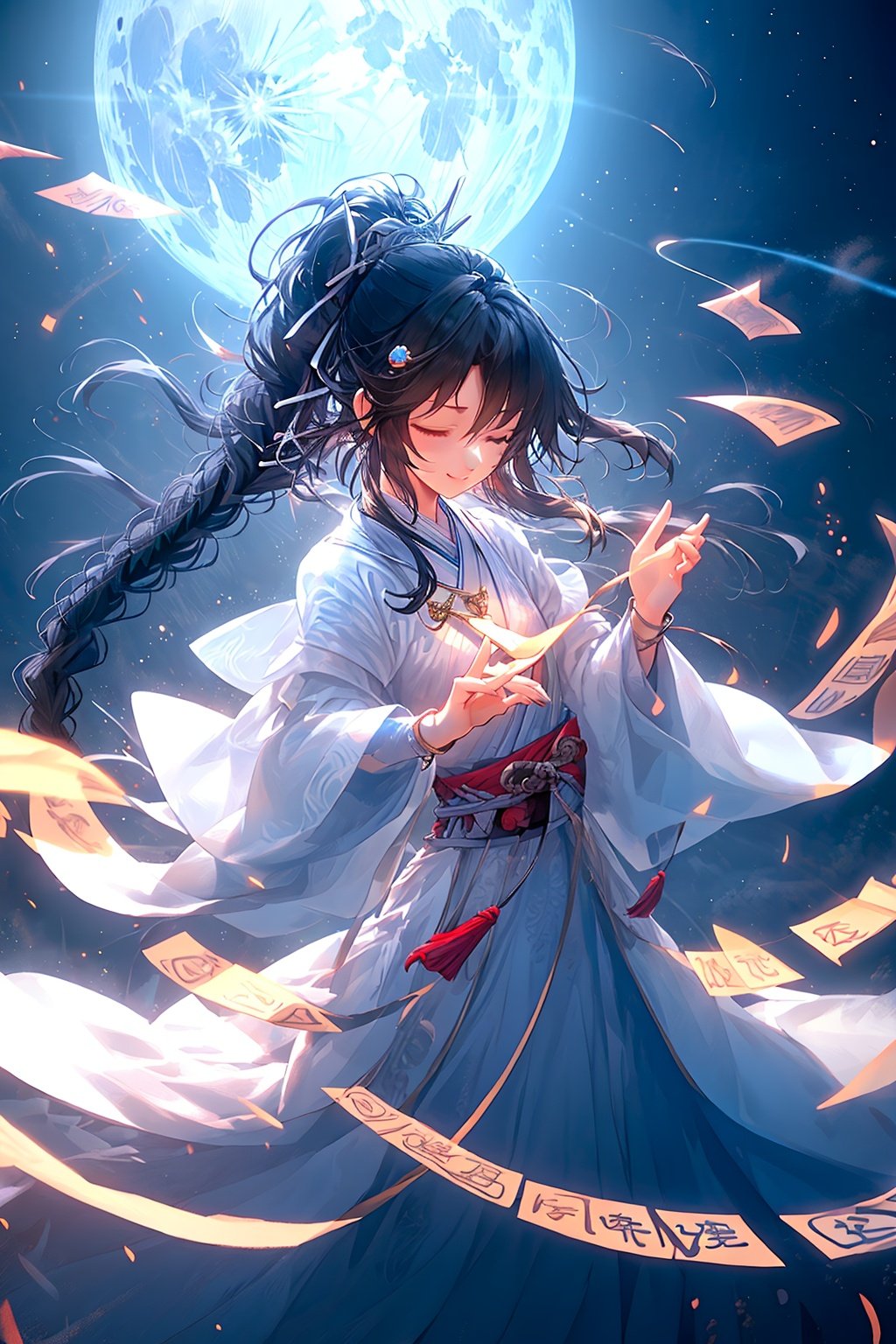 masterpiece,best quality,yiwenrudao\(xiuxian\), 1girl, closed eyes, long hair, solo, braid, black hair, hair ornament, moon, chinese clothes, long sleeves, planet, standing, jewelry, very long hair, braided ponytail, dress, ponytail, night, glowing, single braid, hanfu, closed mouth, blue dress, sash, wide sleeves, sky, blue theme, watermark, full moon, backlighting, bangs, necklace, night sky, sidelocks, floating, copyright name, ribbon, artist name, earth \(planet\), blue background, star \(sky\), hands up, light, space, robe, tassel, floating hair, ofuda, white dress, smile,<lora:yiwenrudao-1-000008:0.6>,