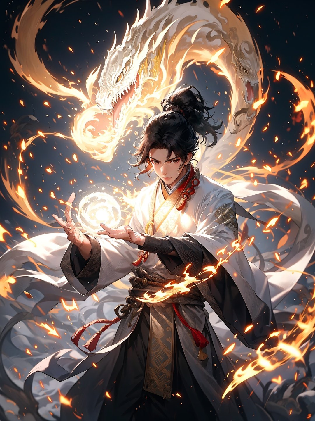 masterpiece,best quality,yiwenrudao\(xiuxian\),Dragon,(normohand:1.7),black hair,boy,fire,long hair,Chinese costume,Male focus,looking at the audience,ponytail,<lora:yiwenrudao-1-000006:0.6>,