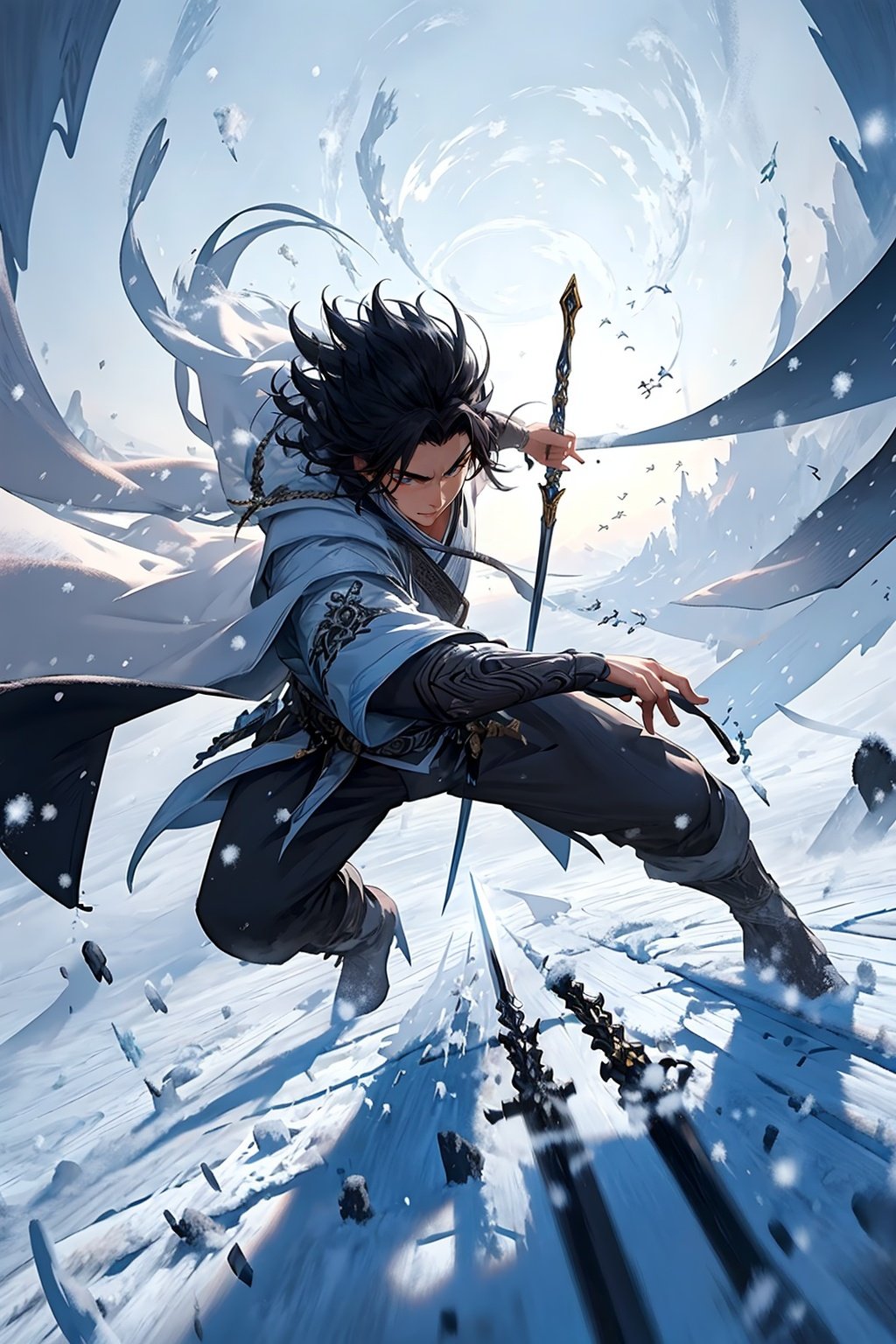 masterpiece,best quality,yiwenrudao\(xiuxian\),1Boy,swordsman,foot on flying sword,overhead view,snow,wind and frost,cold,special effects,sword,<lora:yiwenrudao-1-000006:0.6>,