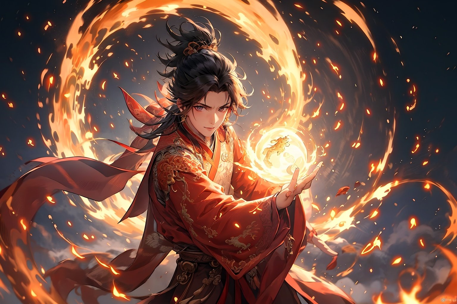 masterpiece,best quality,yiwenrudao\(xiuxian\),Dragon,(normohand:1.7),black hair,boy,fire,long hair,Chinese costume,Male focus,looking at the audience,ponytail,<lora:yiwenrudao-1-000006:0.6>,