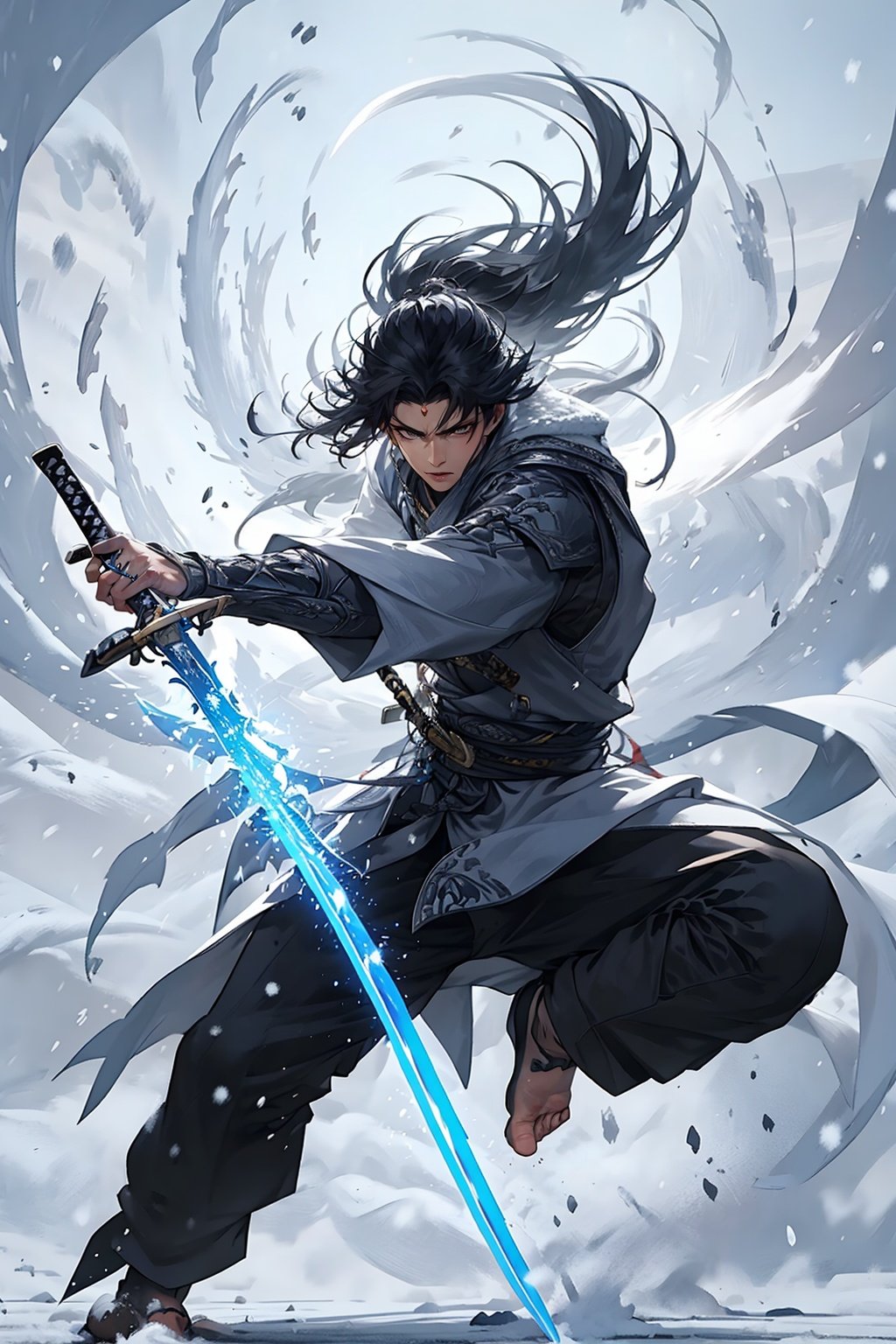 masterpiece,best quality,yiwenrudao\(xiuxian\),Boy,swordsman,( foot on sword:1.7),snow,wind and frost,cold,special effects,sword,<lora:yiwenrudao-1-000006:0.6>,