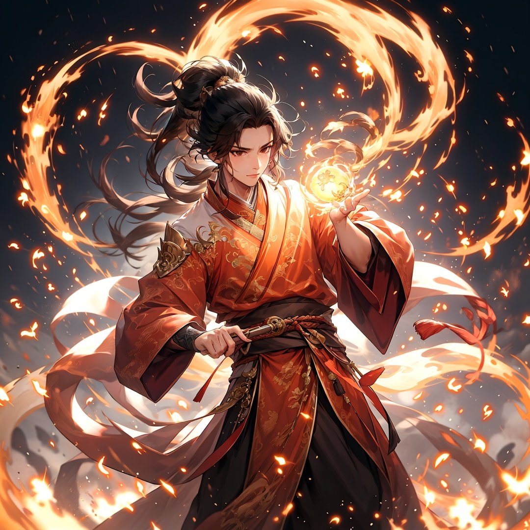 masterpiece,best quality,yiwenrudao\(xiuxian\),Dragon,(normohand:1.7),black hair,boy,fire,long hair,Chinese costume,Male focus,looking at the audience,ponytail,<lora:yiwenrudao-1-000006:0.6>,