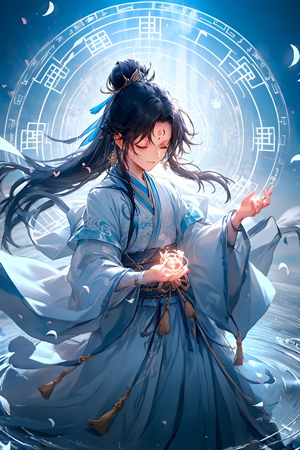 masterpiece,best quality,yiwenrudao\(xiuxian\),long hair,forehead mark,solo,1girl,black hair,chinese clothes,closed eyes,hair ornament,facial mark,magic circle,dress,ponytail,water,long sleeves,closed mouth,hair bun,blue background,glowing,jewelry,hanfu,light,1boy,upper body,standing,outstretched hand,wide sleeves,tassel,male focus,very long hair,white dress,blue theme,blue dress,facing viewer,magic,floating hair,bangs,parted bangs,ribbon,single hair bun,earrings,sash,blue hair,looking down,hair rings,petals,fire,floating,flower,wind,light particles,ripples,forehead jewel,<lora:yiwenrudao-1-000006:0.6>,