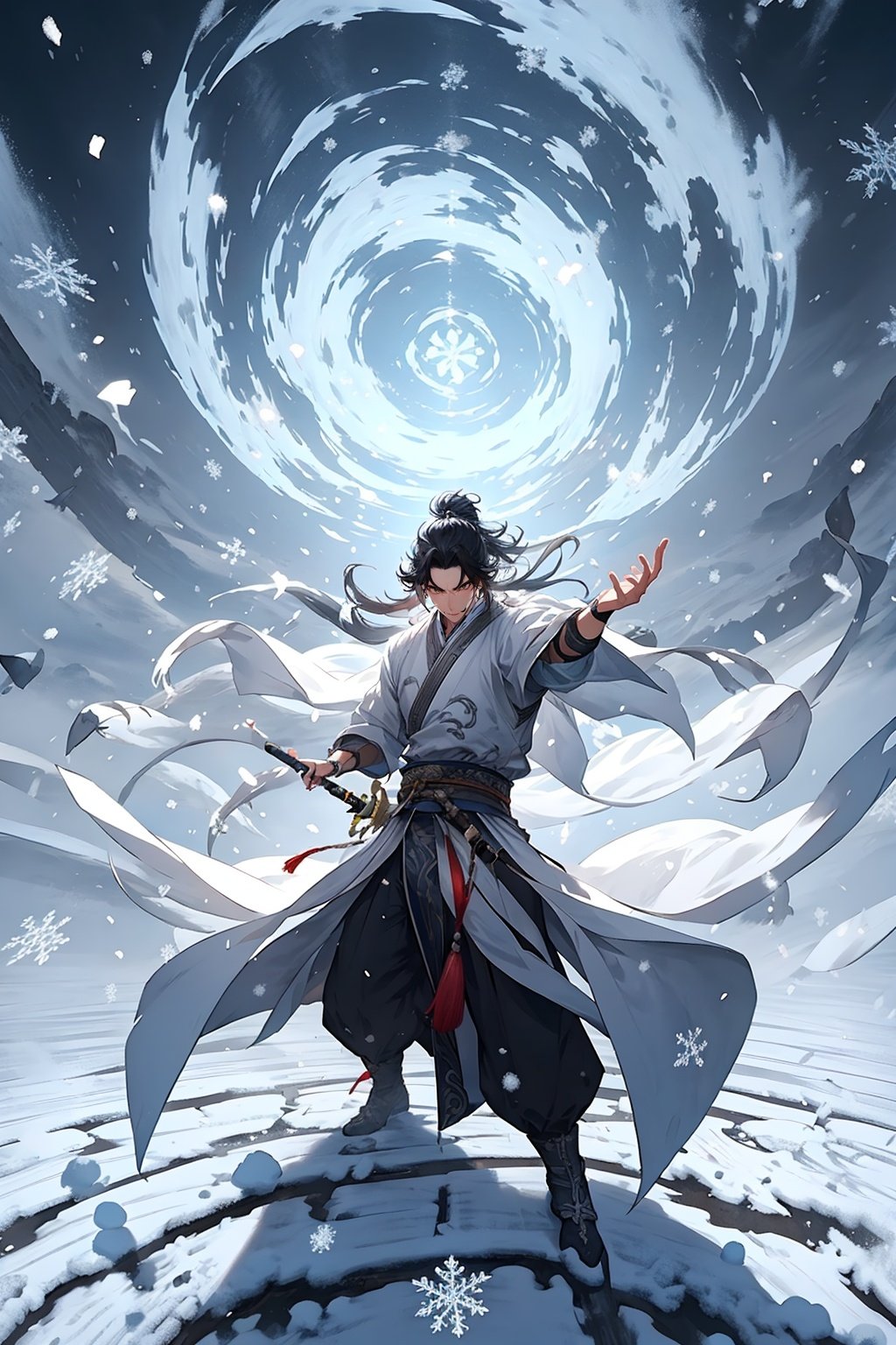 masterpiece,best quality,yiwenrudao\(xiuxian\),1Boy,swordsman,foot on flying sword,overhead view,snow,wind and frost,cold,special effects,sword,<lora:yiwenrudao-1-000006:0.6>,