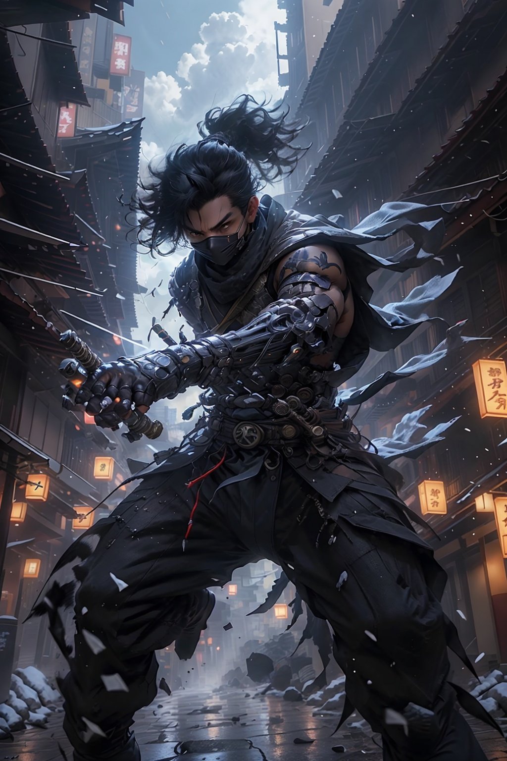 masterpiece,best quality,yiwenrudao\(xiuxian\), 1boy, male focus, weapon, mouth mask, solo, ninja, mask, ponytail, black hair, sword, outdoors, sky, holding, building, glowing, cyborg, long hair, glowing weapon, architecture, east asian architecture, holding weapon, scarf, mechanical arms, prosthetic arm, holding sword, single mechanical arm, katana, glowing sword, pants, covered mouth, sheath, prosthesis, cloud, city, day, tattoo, armor, looking at viewer, ninja mask, cloudy sky, cyberpunk, arm guards, scar, japanese clothes, fighting stance, standing, lantern, belt, brown eyes, feet out of frame, black eyes, science fiction, blue sky, stairs, neon lights, rooftop, scabbard, bangs, shuriken, arm blade, scar on face, gauntlets, wind, street, hologram, magic, scar across eye, electricity, sheathed, night, signature, medium hair, arm tattoo, bandages, legs apart, black scarf, serious, vambraces, light particles, gloves, high ponytail, slashing, artist name, road, black pants, motion blur, cowboy shot, light, glowing eyes, weapon on back, torn clothes, closed mouth, looking down, japanese armor, paper lantern, talisman, dual wielding, brown hair, copyright name,high resolution,HD,8K,<lora:yiwenrudao-1-000006:0.6>,