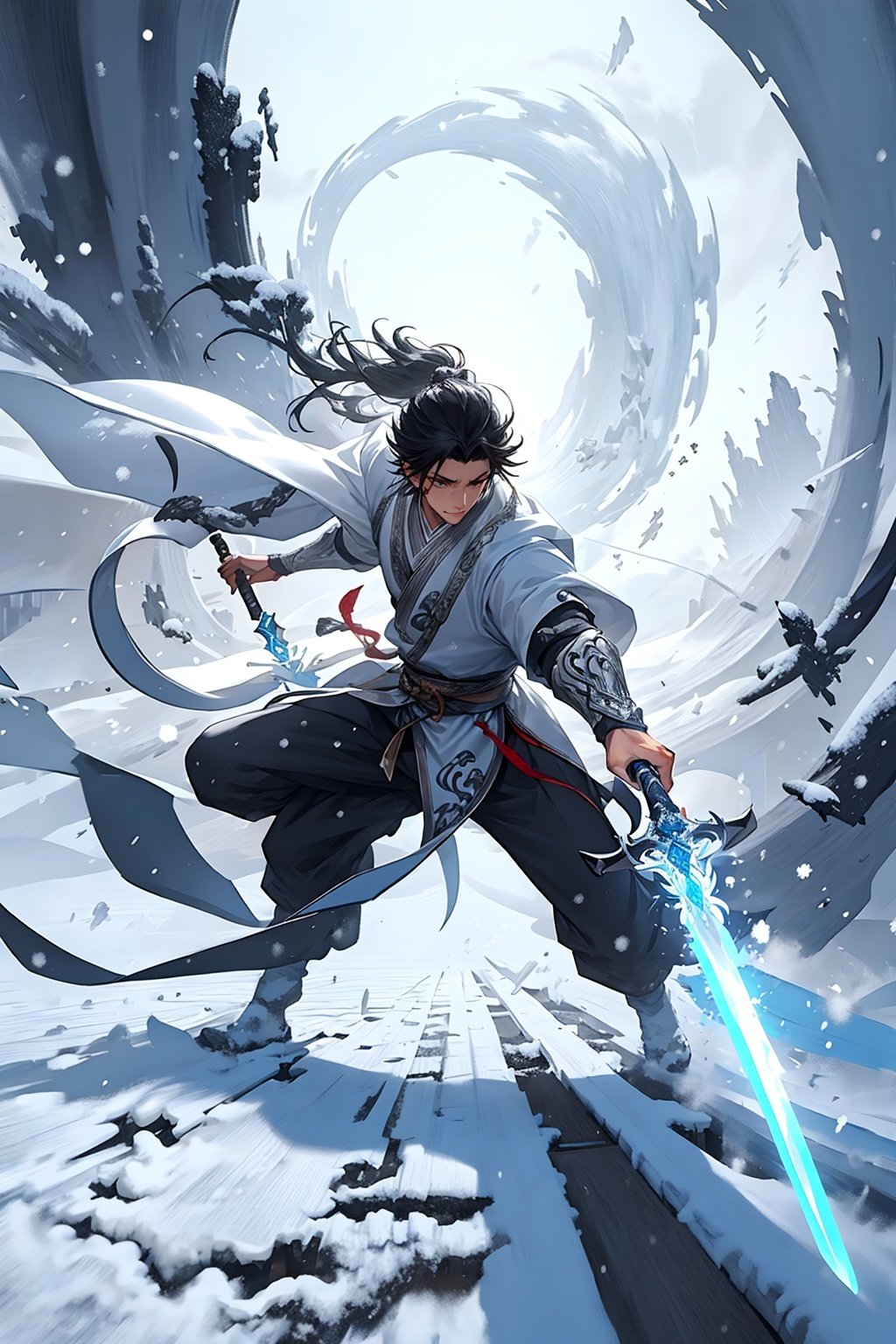 masterpiece,best quality,yiwenrudao\(xiuxian\),1Boy, swordsman, foot on flying sword, overhead view, snow, wind and frost, cold, special effects, sword,<lora:yiwenrudao-1-000006:0.6>,