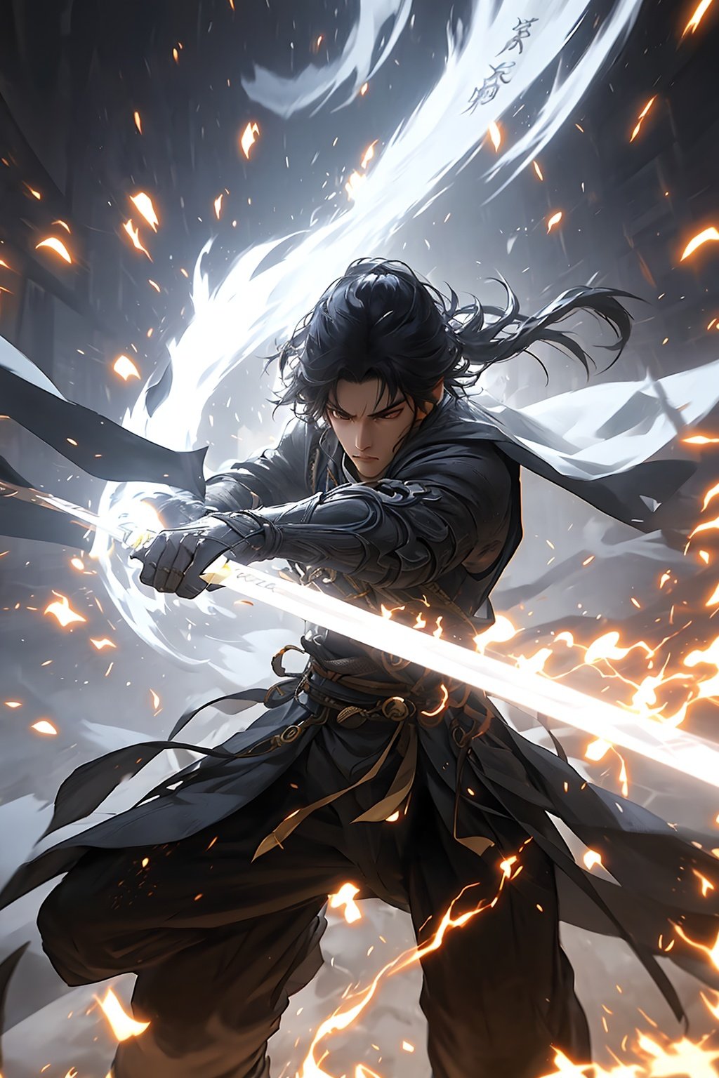 masterpiece,best quality,yiwenrudao\(xiuxian\),A swordsman,with a sword,a lot of pages flying around,light effects crackling,special effects,cinematic texture,intense contrast,high resolution,HD,8K,<lora:yiwenrudao-1-000006:0.6>,