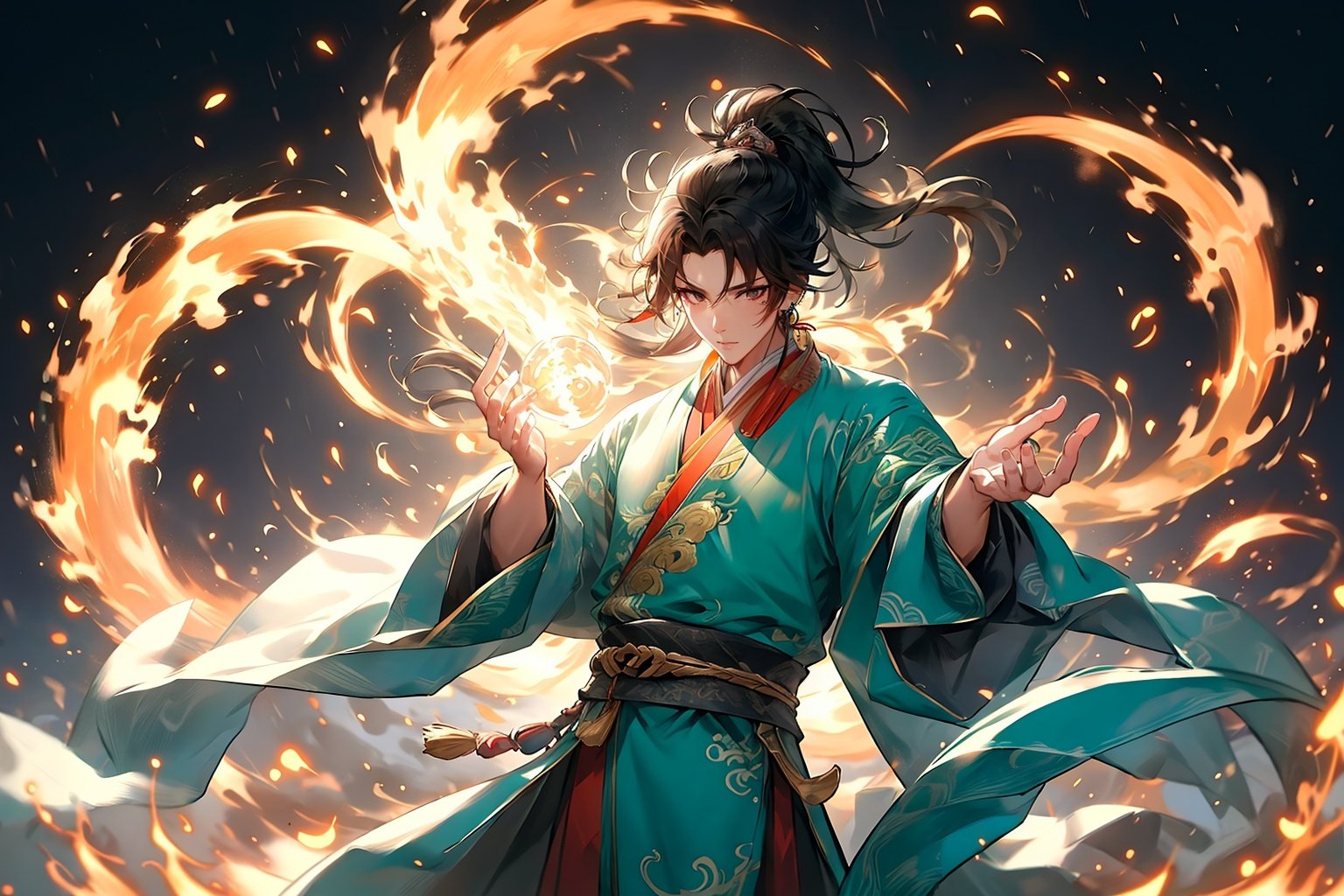 masterpiece,best quality,yiwenrudao\(xiuxian\),Dragon,(normohand:1.7),black hair,boy,fire,long hair,Chinese costume,Male focus,looking at the audience,ponytail,<lora:yiwenrudao-1-000006:0.6>,