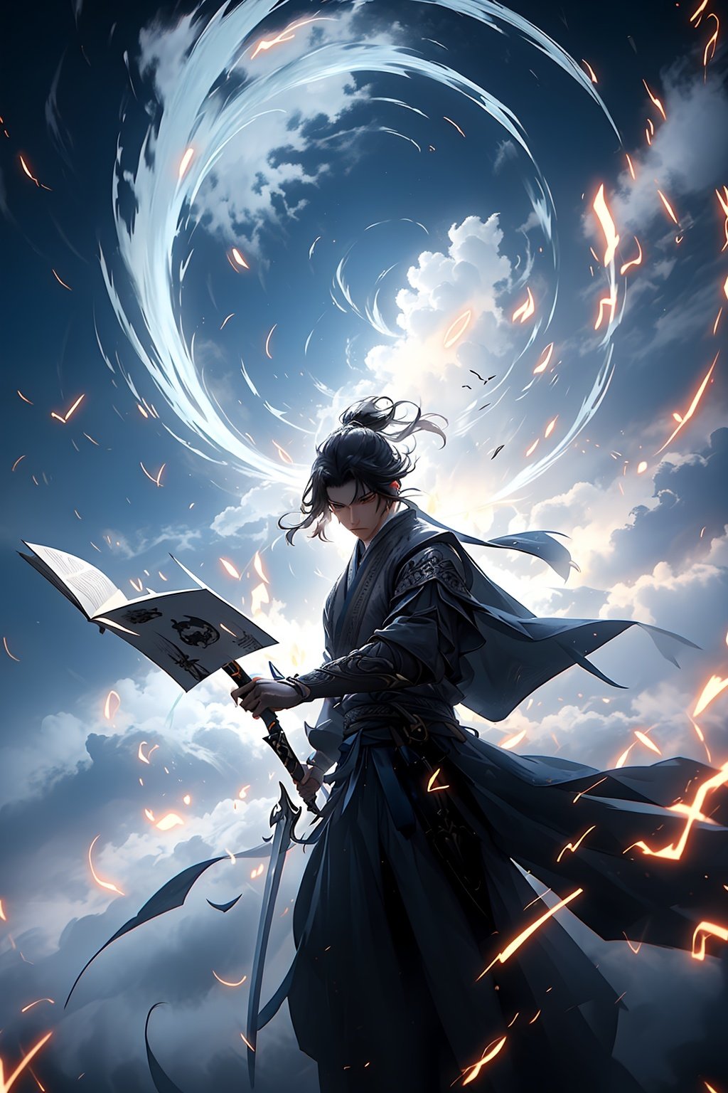 masterpiece,best quality,yiwenrudao\(xiuxian\),A swordsman, with a sword, a lot of pages flying around, in the clouds, in the sky, light effects crackling, special effects, cinematic texture, intense contrast, high resolution, HD, 8K,<lora:yiwenrudao-1-000006:0.6>,