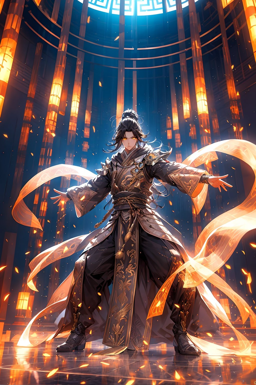 masterpiece,best quality,yiwenrudao\(xiuxian\), solo, 1boy, male focus, glowing, black hair, armor, artist name, glowing eyes, full body, long hair, helmet, standing, fire, watermark, shawl, signature, outstretched arms, mask, covered eyes, dancing, robe, pillar, building, hood, architecture, jewelry, shoulder armor, multicolored hair, hagoromo, web address, facing viewer, alternate costume, indoors, yellow eyes, 1girl, sash, sky, chinese clothes, white hair, looking at viewer, boots, stairs, embers, colored skin, brown hair, pauldrons,light effects crackling,special effects,cinematic texture,intense contrast,high resolution,HD,8K,<lora:yiwenrudao-1-000006:0.6>,