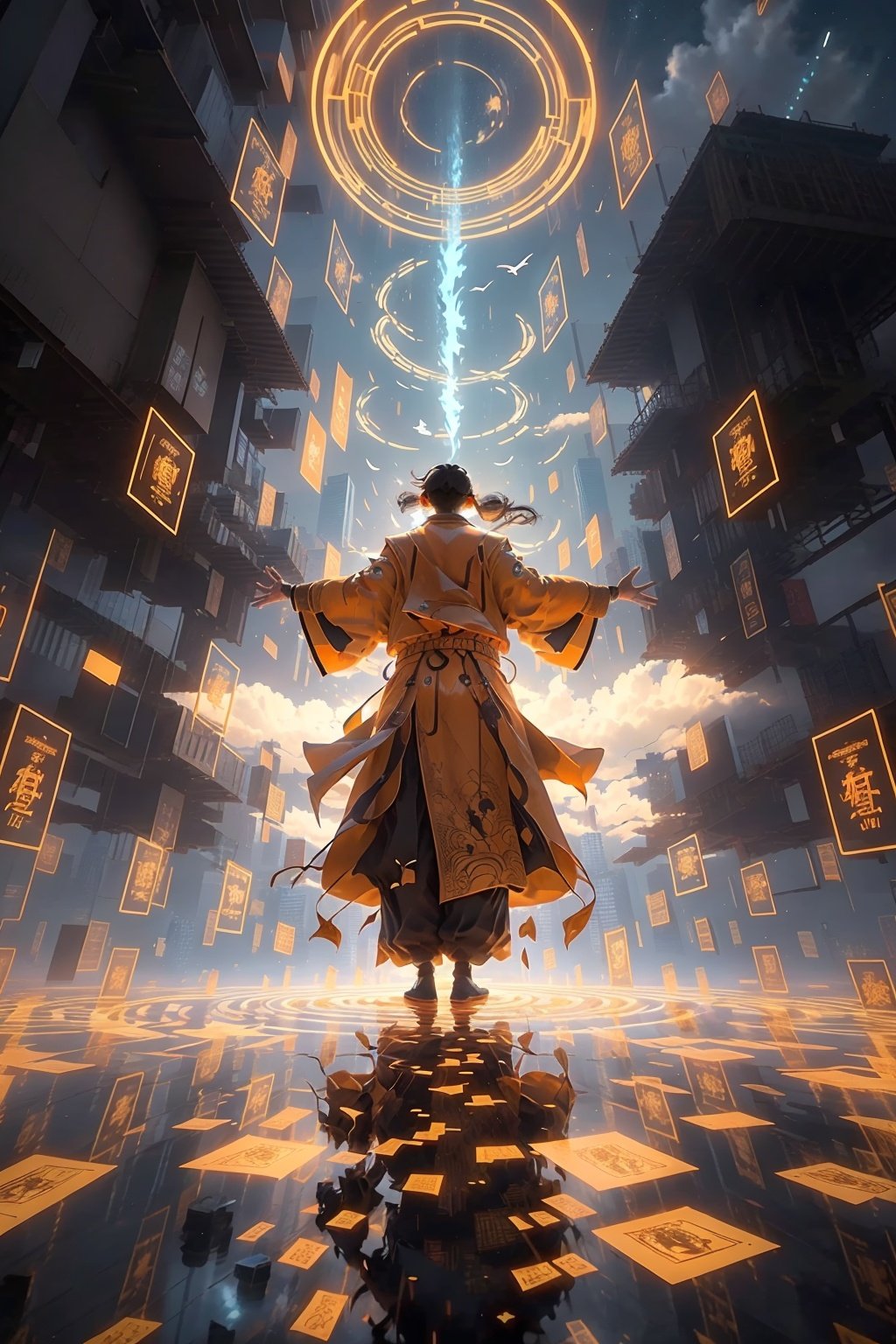 masterpiece,best quality,yiwenrudao\(xiuxian\),male focus,1boy,solo,from behind,zhongli \(genshin impact\),floating,black hair,sky,building,tattoo,long sleeves,outstretched arms,standing,reflection,facing away,wide sleeves,city,floating object,brown hair,short hair,full body,multicolored hair,pants,robe,jewelry,glowing,cityscape,hands up,scenery,coat,earrings,skyscraper,outdoors,light,orange hair,ponytail,cloud,arm tattoo,long hair,back,spread arms,magic circle,orange theme,gradient hair,reflective floor,shoes,cube,shadow,yellow theme,tassel,gloves,levitation,bird,floating hair,signature,wide shot,star \(sky\),arms up,silhouette,light particles,bangs,jacket,black footwear,hologram,open hands,magic,coattails,water,architecture,wind,tassel earrings,high resolution,HD,8K,<lora:yiwenrudao-1-000006:0.6>,