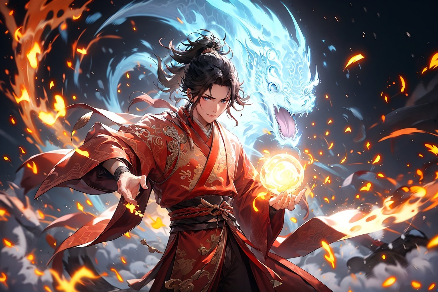 masterpiece,best quality,yiwenrudao\(xiuxian\),Dragon,(normohand:1.7),black hair,boy,fire,long hair,Chinese costume,Male focus,looking at the audience,ponytail,<lora:yiwenrudao-1-000006:0.6>,