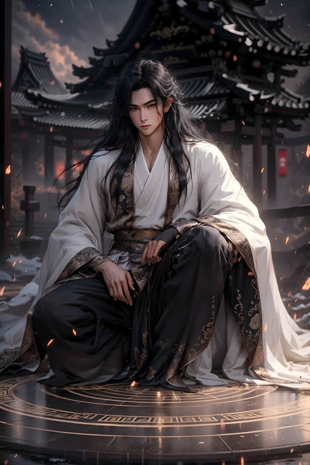 masterpiece,best quality,yiwenrudao\(xiuxian\), 1boy, male focus, long hair, black hair, solo, sitting, wide sleeves, chinese clothes, magic circle, hanfu, blurry, long sleeves, looking at viewer, robe, full body, night, blurry background, closed mouth, architecture, knee up, indoors, light particles, bishounen, glowing, watermark, white robe, light, east asian architecture, depth of field, brown eyes, building, black robe, parted bangs, night sky, pants, outdoors, one knee, bangs, sky, jewelry, japanese clothes, black eyes, artist name, black pants,high resolution,HD,8K,<lora:yiwenrudao-1-000006:0.6>,