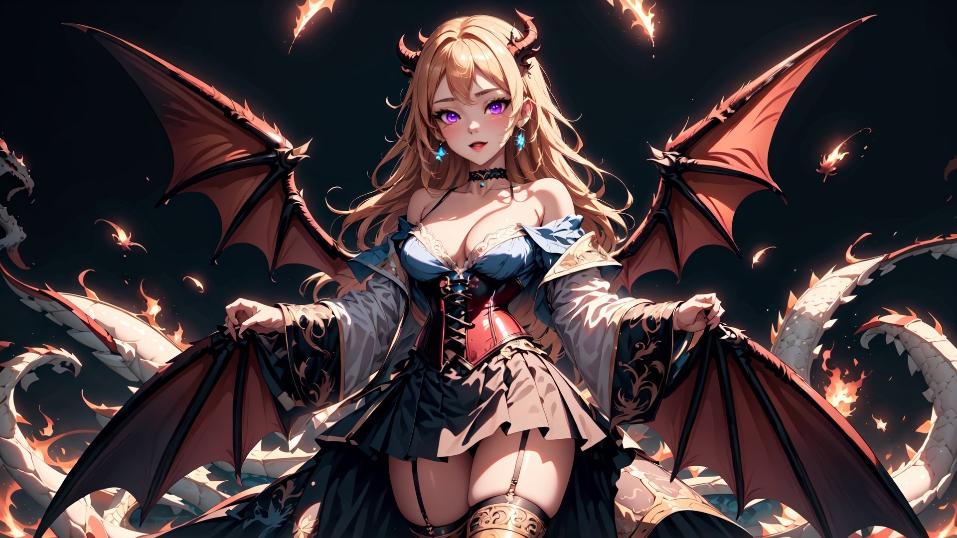 dragon ,choker, upper body, forehead, glowing face and skin, detailed face and skin, dragon looking at the viewer, blue colored, ancient dragon, divine, flying, Full Body, Intricately Detailed, Lightning Art, Beautiful and Majestic, Large and Awesome Wings, Two Wings, Shocking, Imposing, Large Sharp Fangs, off shoulder blouse, corset, skirt, small boobs, ten hell fire background, purple eyes,


Cinematic scene wallpaper 8k official art dynamic angle bright vivid colors, cover art, zoom out, luminism


{{{Best quality}}}, {{{Super detail}}}, {{Unity 8k wallpaper}}, {{High resolution}},


maximum image texture, best quality UHD 16k, best quality, masterpiece, Ultra detailed, very high definition, extremely delicate and beautiful, more contrast, high contrast, Greifer ,eggmantech, Luna,