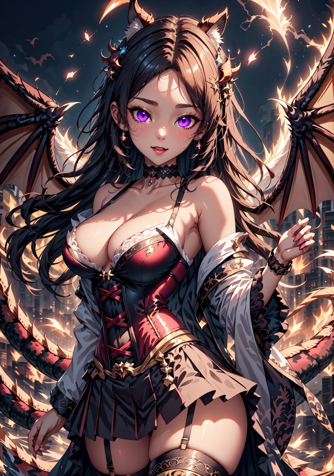 dragon ,choker, upper body, forehead, glowing face and skin, detailed face and skin, dragon looking at the viewer, blue colored, ancient dragon, divine, flying, Full Body, Intricately Detailed, Lightning Art, Beautiful and Majestic, Large and Awesome Wings, Two Wings, Shocking, Imposing, Large Sharp Fangs, off shoulder blouse, corset, skirt, small boobs, ten hell fire background, purple eyes,


Cinematic scene wallpaper 8k official art dynamic angle bright vivid colors, cover art, zoom out, luminism


{{{Best quality}}}, {{{Super detail}}}, {{Unity 8k wallpaper}}, {{High resolution}},


maximum image texture, best quality UHD 16k, best quality, masterpiece, Ultra detailed, very high definition, extremely delicate and beautiful, more contrast, high contrast, Greifer ,eggmantech, Luna,