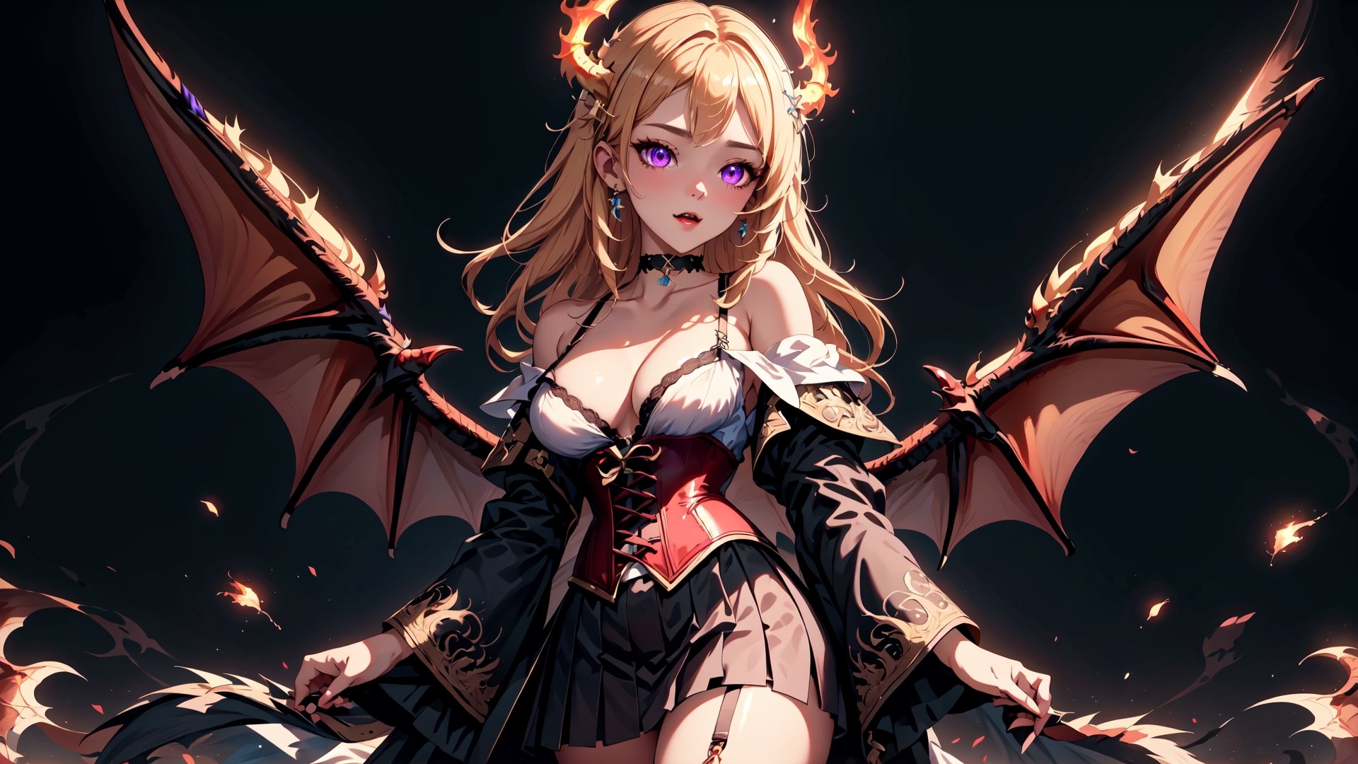 dragon ,choker, upper body, forehead, glowing face and skin, detailed face and skin, dragon looking at the viewer, blue colored, ancient dragon, divine, flying, Full Body, Intricately Detailed, Lightning Art, Beautiful and Majestic, Large and Awesome Wings, Two Wings, Shocking, Imposing, Large Sharp Fangs, off shoulder blouse, corset, skirt, small boobs, ten hell fire background, purple eyes,


Cinematic scene wallpaper 8k official art dynamic angle bright vivid colors, cover art, zoom out, luminism


{{{Best quality}}}, {{{Super detail}}}, {{Unity 8k wallpaper}}, {{High resolution}},


maximum image texture, best quality UHD 16k, best quality, masterpiece, Ultra detailed, very high definition, extremely delicate and beautiful, more contrast, high contrast, Greifer ,eggmantech, Luna,