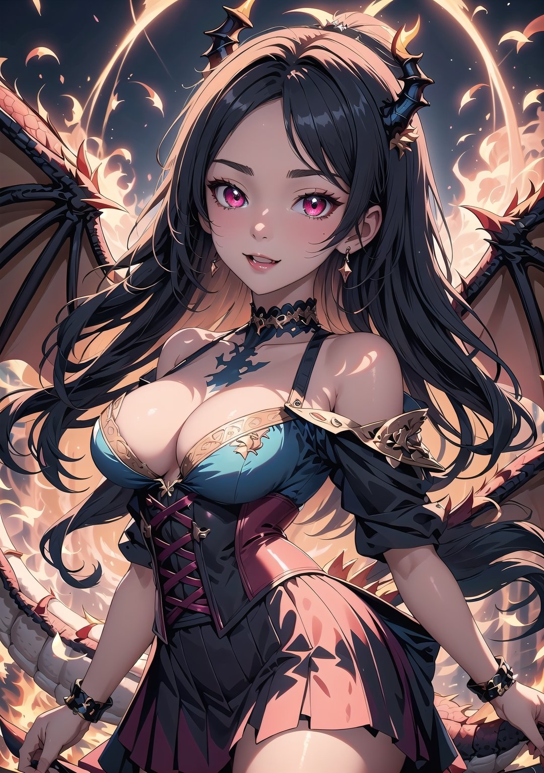 dragon ,choker, upper body, forehead, glowing face and skin, detailed face and skin, dragon looking at the viewer, blue colored, ancient dragon, divine, flying, Full Body, Intricately Detailed, Lightning Art, Beautiful and Majestic, Large and Awesome Wings, Two Wings, Shocking, Imposing, Large Sharp Fangs, off shoulder blouse, corset, skirt, small boobs, ten hell fire background,


Cinematic scene wallpaper 8k official art dynamic angle bright vivid colors, cover art, zoom out, luminism


{{{Best quality}}}, {{{Super detail}}}, {{Unity 8k wallpaper}}, {{High resolution}},


maximum image texture, best quality UHD 16k, Anime 1.5, best quality, masterpiece, Ultra detailed, very high definition, extremely delicate and beautiful, more contrast, high contrast, Greifer ,eggmantech, Luna,