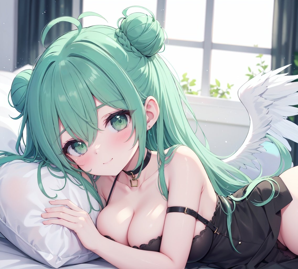 1girl,solo,breasts,green eyes,cleavage,green hair,pillow,lying,long hair,window,closed mouth,wings,curtains,hair bun,looking at viewer,on side,blush,bangs,smile,bare shoulders,indoors,dress,large breasts,ahoge,braid,choker,black dress,single hair bun,strap slip,black choker,thigh strap,hair between eyes,heart,object hug,feathered wings,white wings,medium breasts,bare arms,single side bun,see-through,very long hair,