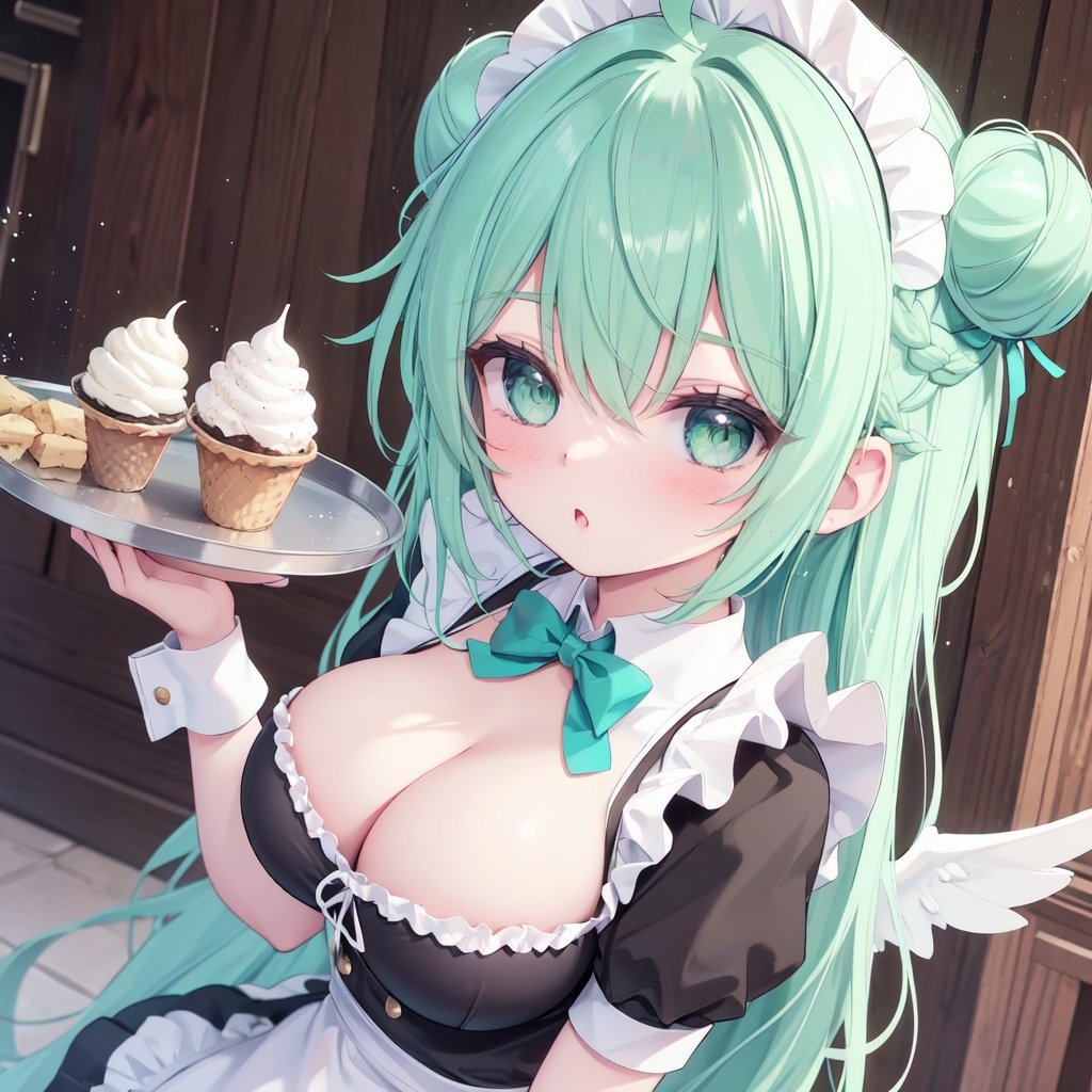 1girl, breasts, solo, green eyes, apron, maid headdress, cleavage, dress, long hair, maid, tray, short sleeves, hair bun, thighhighs, holding, holding tray, puffy sleeves, green hair, looking at viewer, bangs, puffy short sleeves, bow, blush, frills, wings, white thighhighs, black dress, white apron, wrist cuffs, maid apron, medium breasts, very long hair, single hair bun, frilled apron, large breasts, ahoge, parted lips, frilled dress, food, aqua hair, braid, ice cream, :o