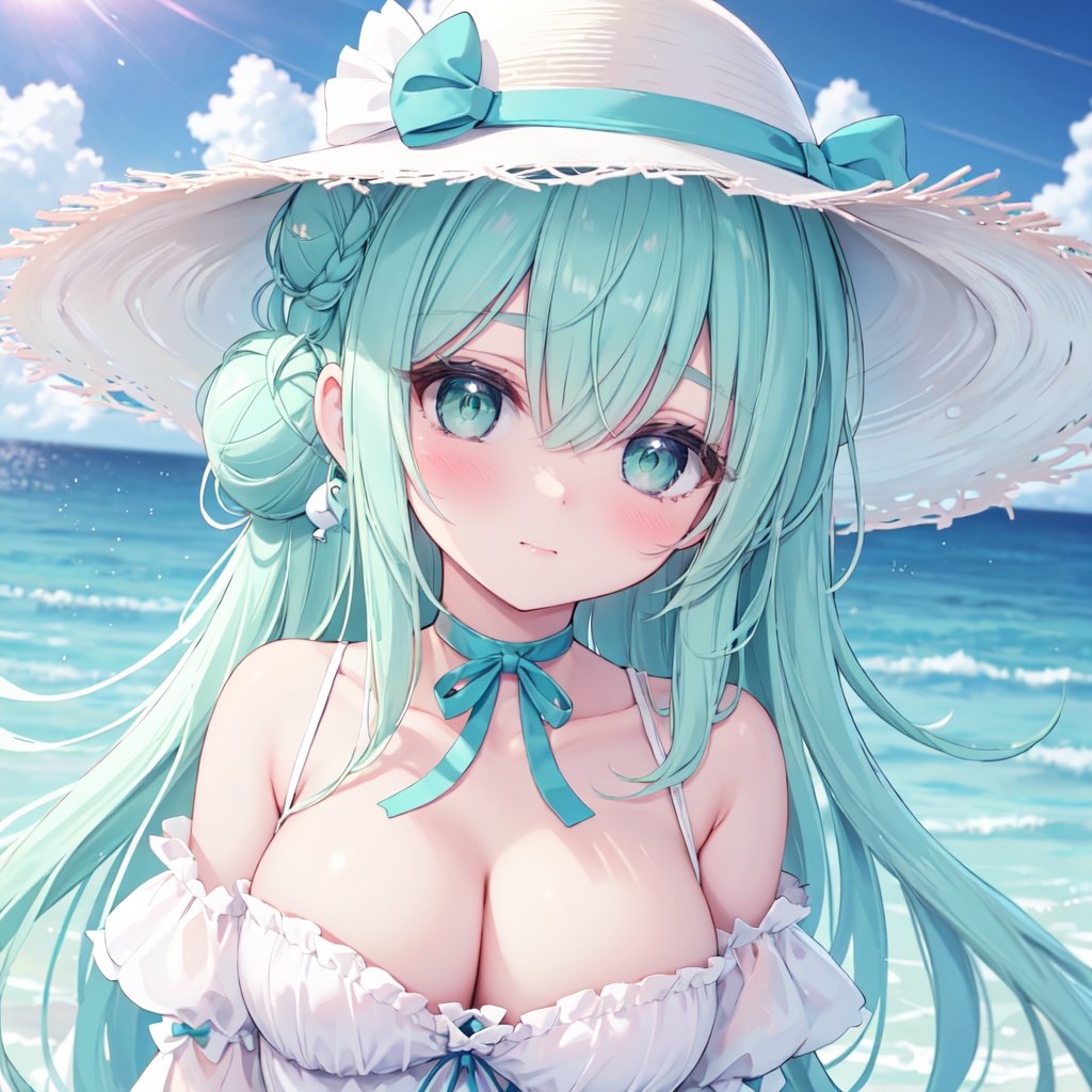 1girl, breasts, solo, cleavage, dress, hat, green eyes, long hair, white dress,  looking at viewer, bow, green hair, blush, outdoors, hair bun, bangs, choker, white headwear, large breasts, sky, day, collarbone, bare shoulders, sun hat, hand on headwear, white choker, cloud, hair between eyes, blue sky, bell, aqua hair, white bow, very long hair, off-shoulder dress, ocean, off shoulder, closed mouth, frills, medium breasts, water